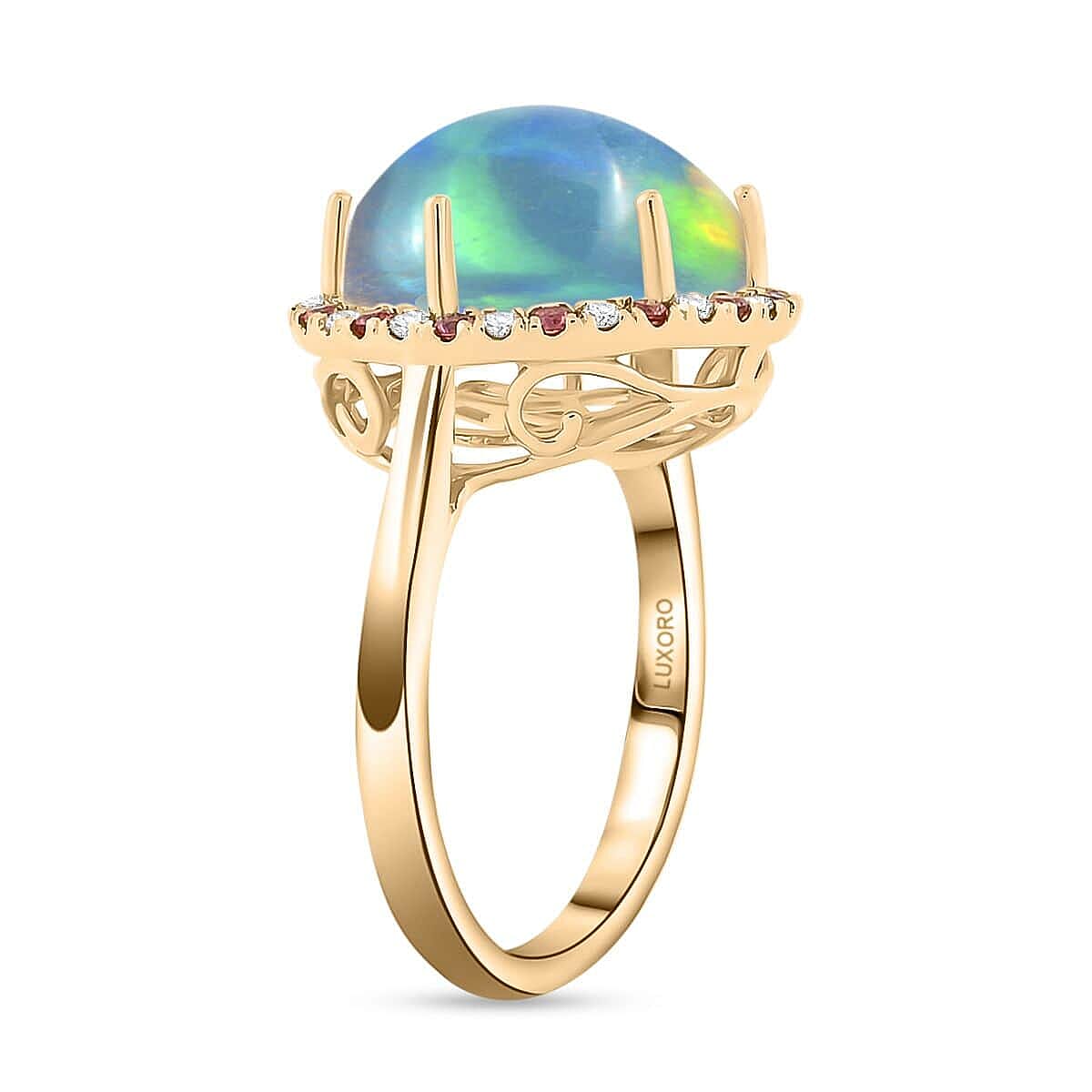 Certified and Appraised 14K Yellow Gold AAA Ethiopian Opal, Orange Sapphire, White Diamond I2 Halo Ring 7.30 ct 7953986 3