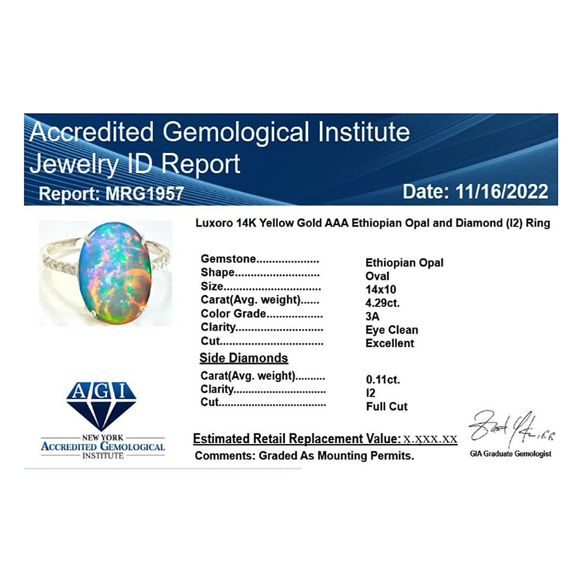 AGI Certified and Appraised 14K Yellow Gold AAA Ethiopian Welo Opal and Diamond Ring 4.40 Ct. 7273349 10
