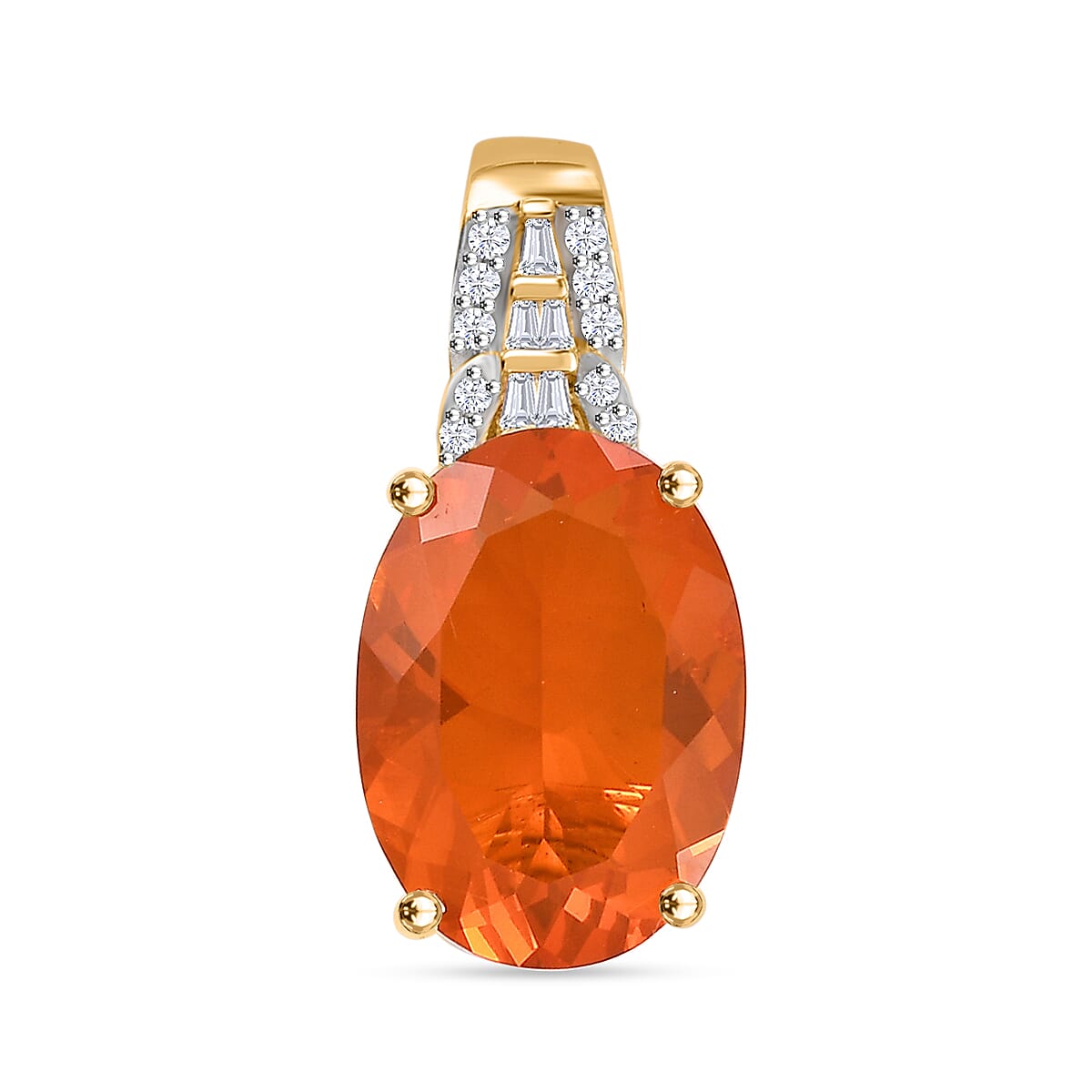 14K Yellow Gold AAA Fire Opal, White Diamond Solitaire Pendant 7884726 0