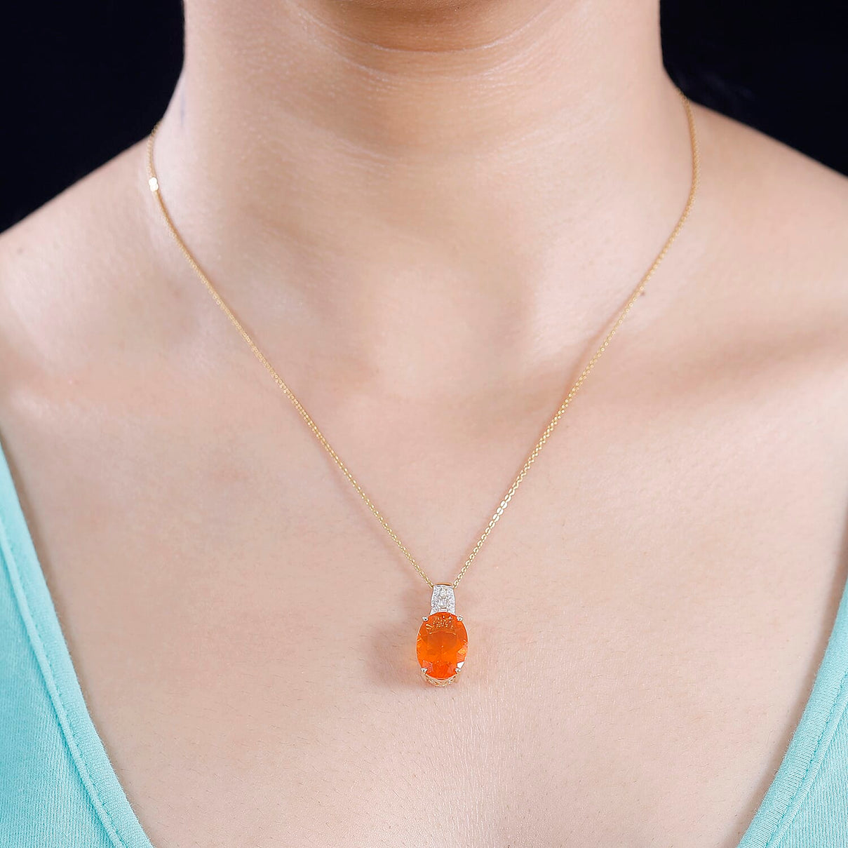 14K Yellow Gold AAA Fire Opal, White Diamond Solitaire Pendant 7884726 2