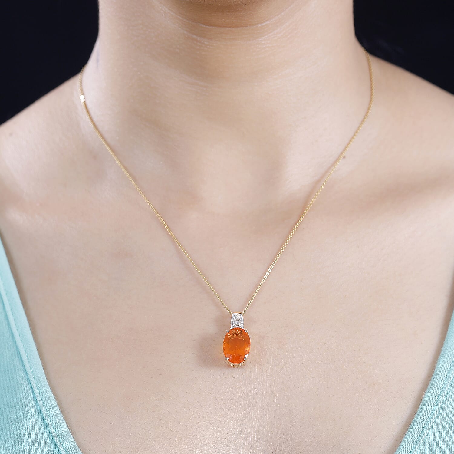 14K Yellow Gold AAA Fire Opal, White Diamond Solitaire Pendant 7884726 2