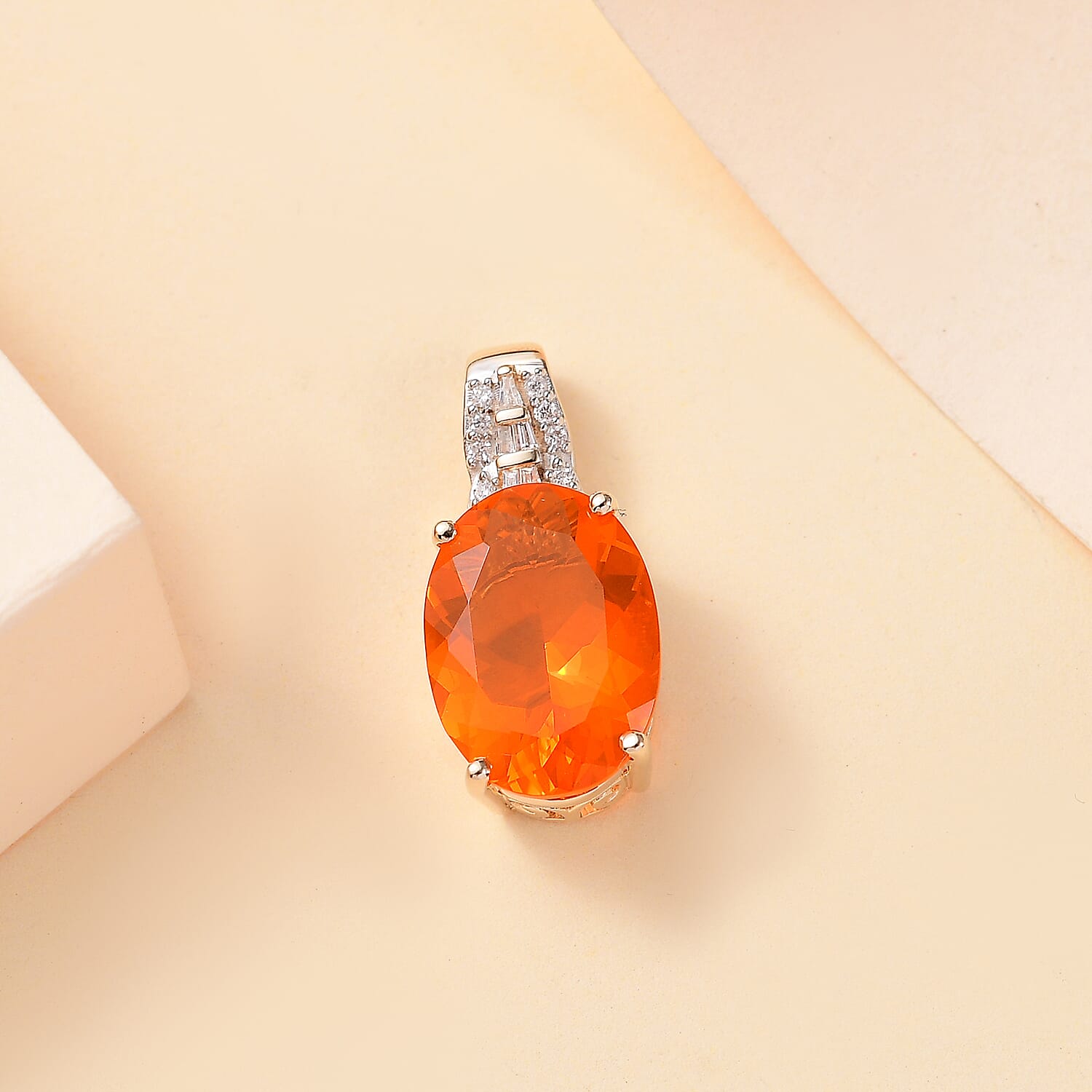 14K Yellow Gold AAA Fire Opal, White Diamond Solitaire Pendant 7884726 3