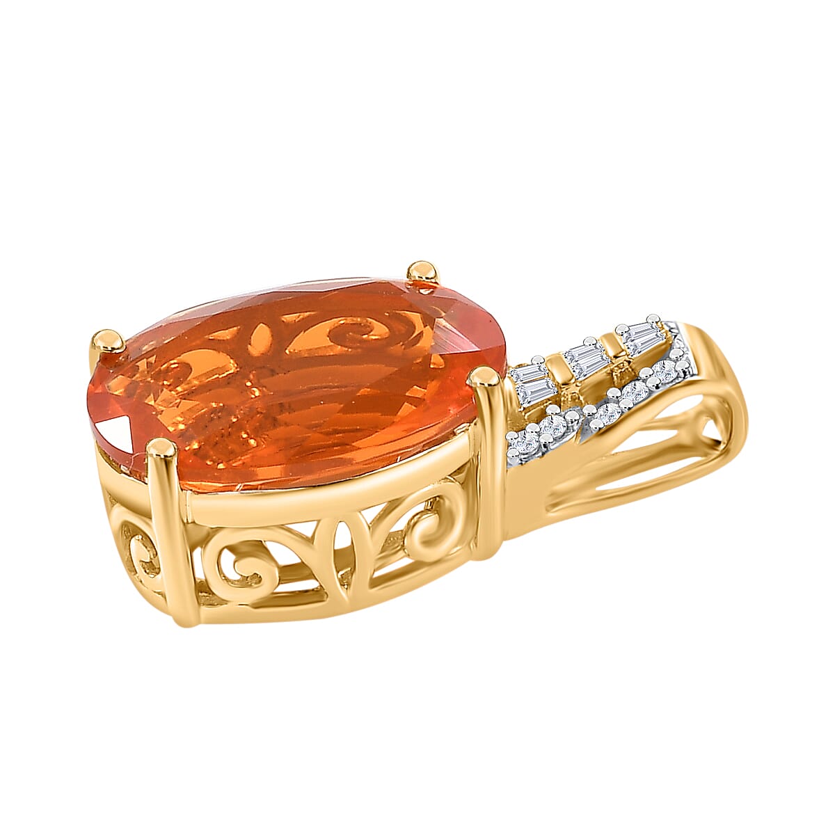 14K Yellow Gold AAA Fire Opal, White Diamond Solitaire Pendant 7884726 4