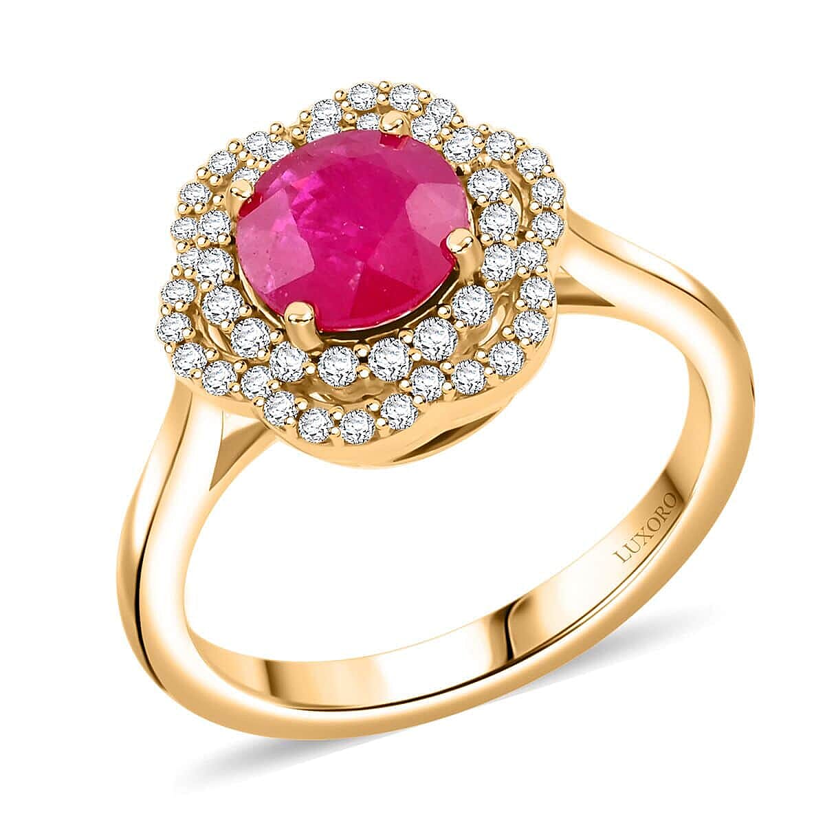 Certified and Appraised 14K Yellow Gold AAA Mozambique Ruby , White Diamond I2 Floral Halo Ring 2.00 ct. 7897212 0