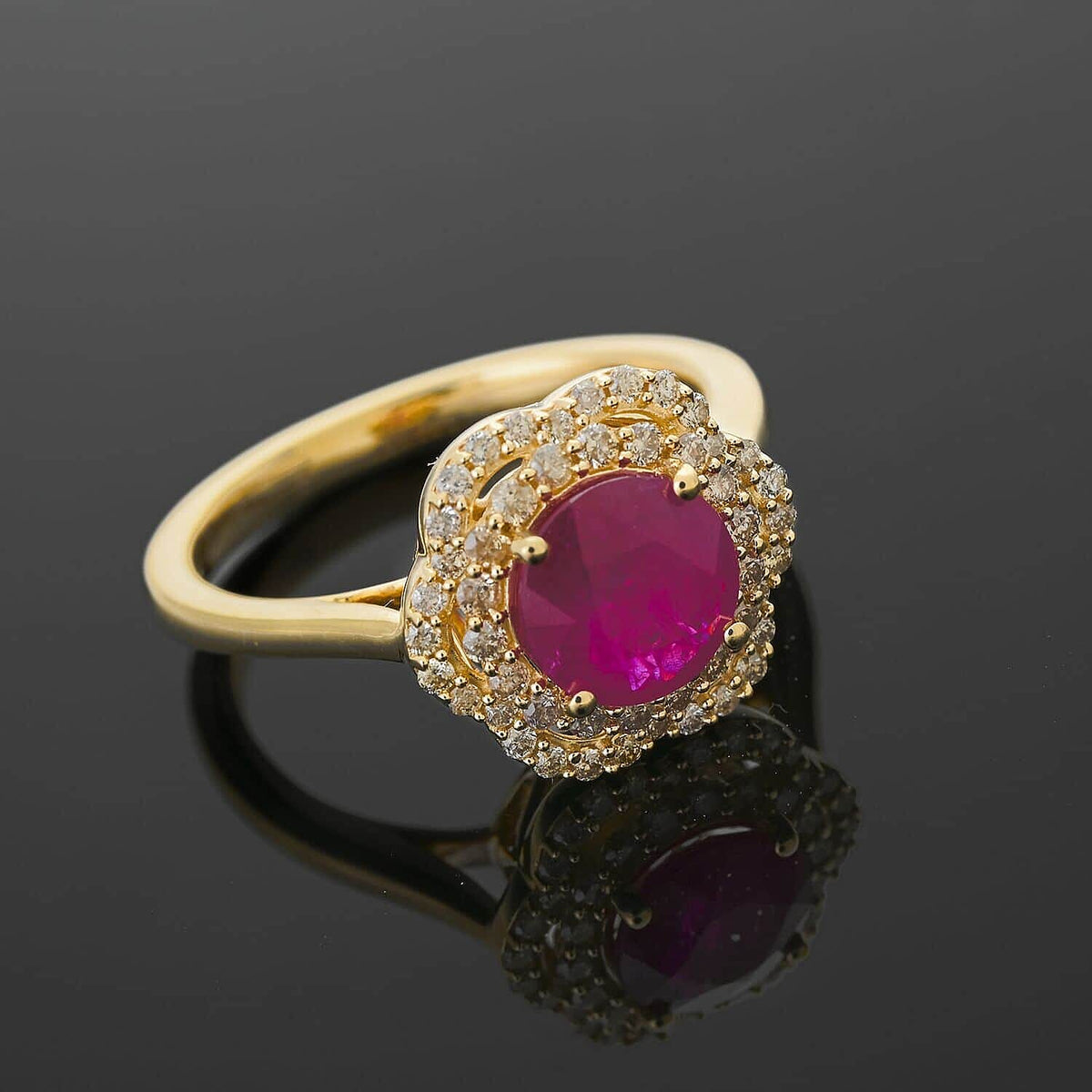 Certified and Appraised 14K Yellow Gold AAA Mozambique Ruby , White Diamond I2 Floral Halo Ring 2.00 ct. 7897212 1