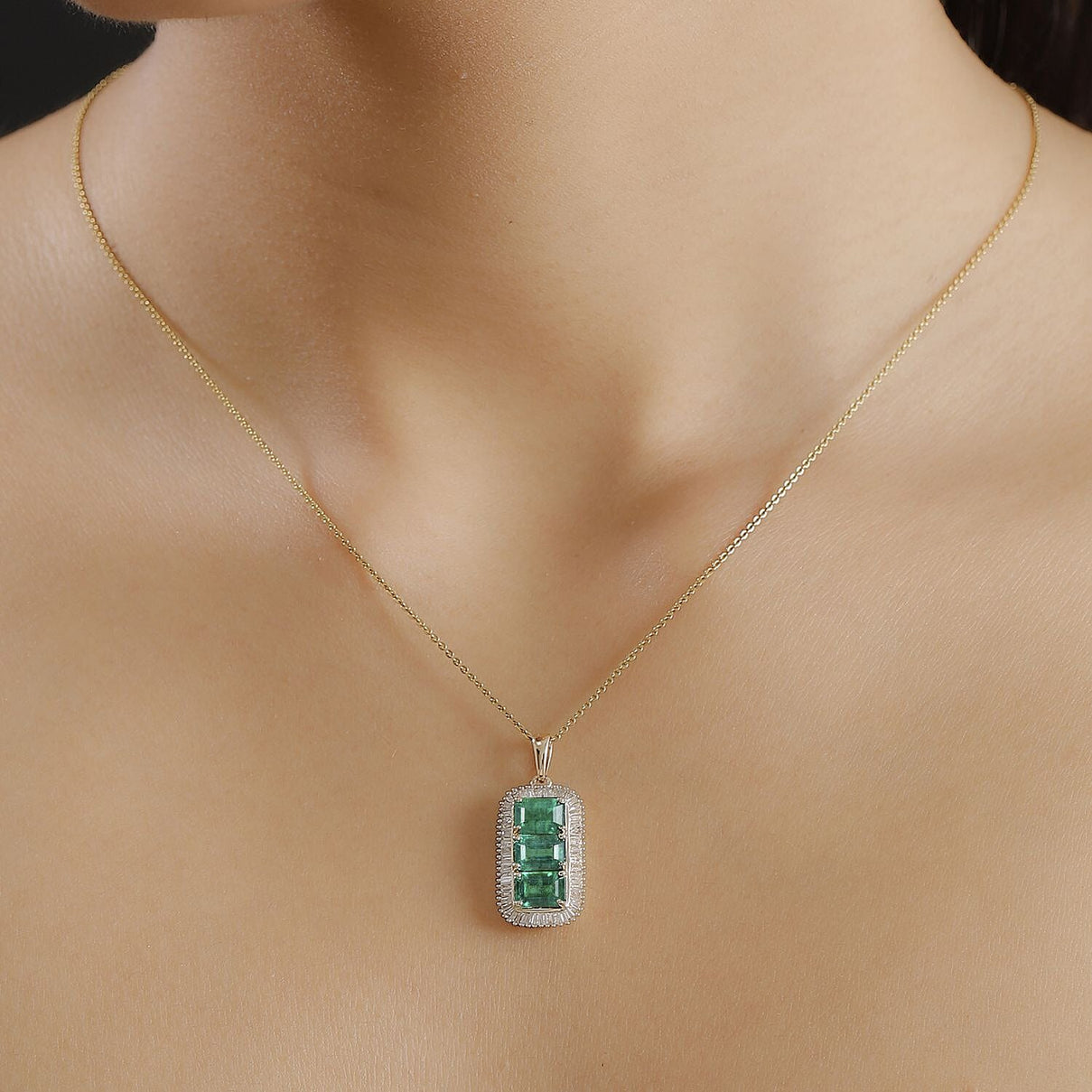 AAA Premium Emerald and White Diamond Pendant in 14K Yellow Gold 7865022 2