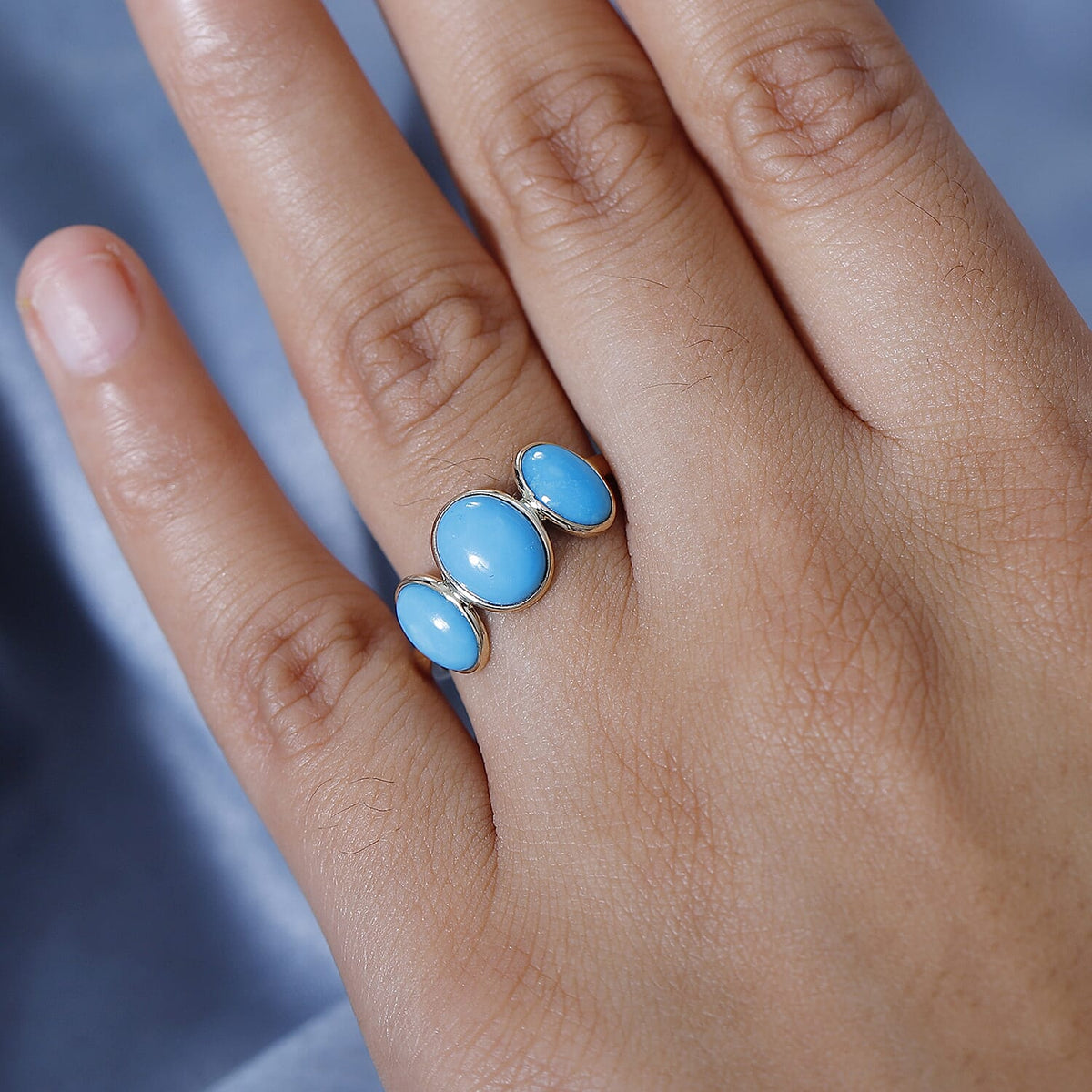 JCK Vegas Close Out - 14K Yellow Gold AAA Arizona Sleeping Beauty Turquoise Trilogy Ring 3.98 Ct. 7890118 2