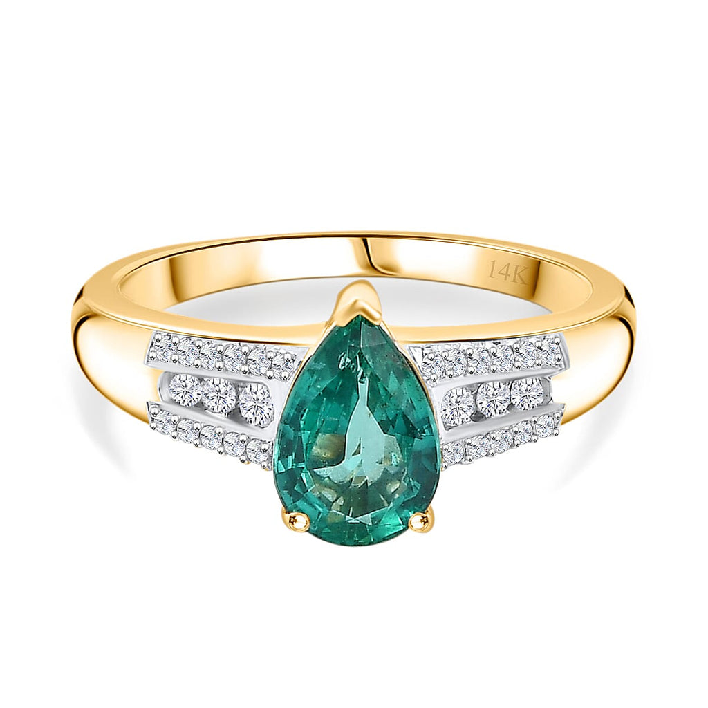 14K Yellow Gold  AAA Zambian Emerald and Diamond Ring 1.19 Ct
