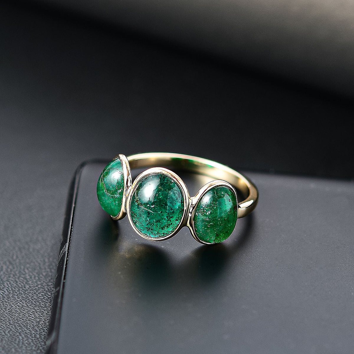 14K Yellow Gold Premium Cabochon Emerald Trilogy Ring 7891285 1