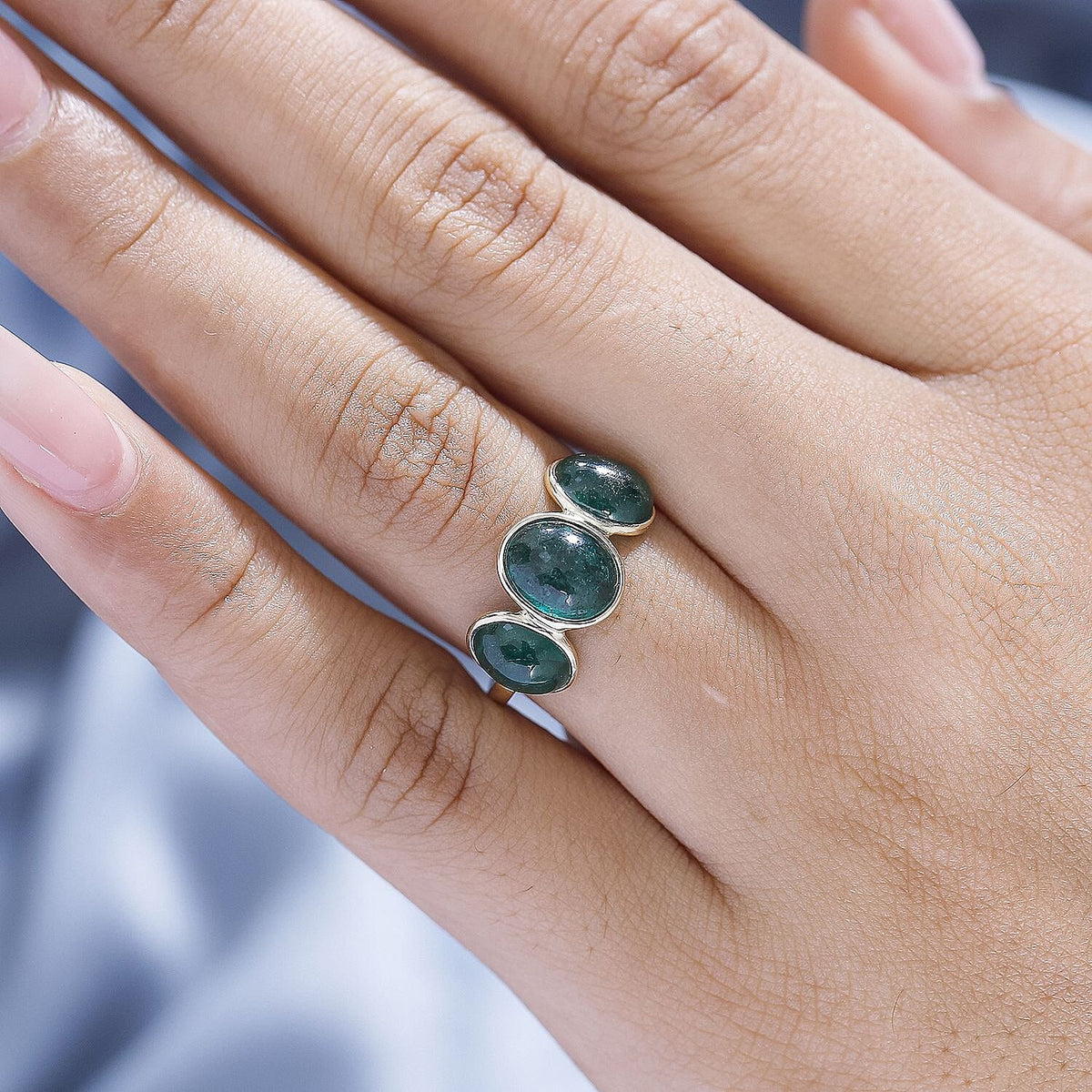 14K Yellow Gold Premium Cabochon Emerald Trilogy Ring 7891285 2