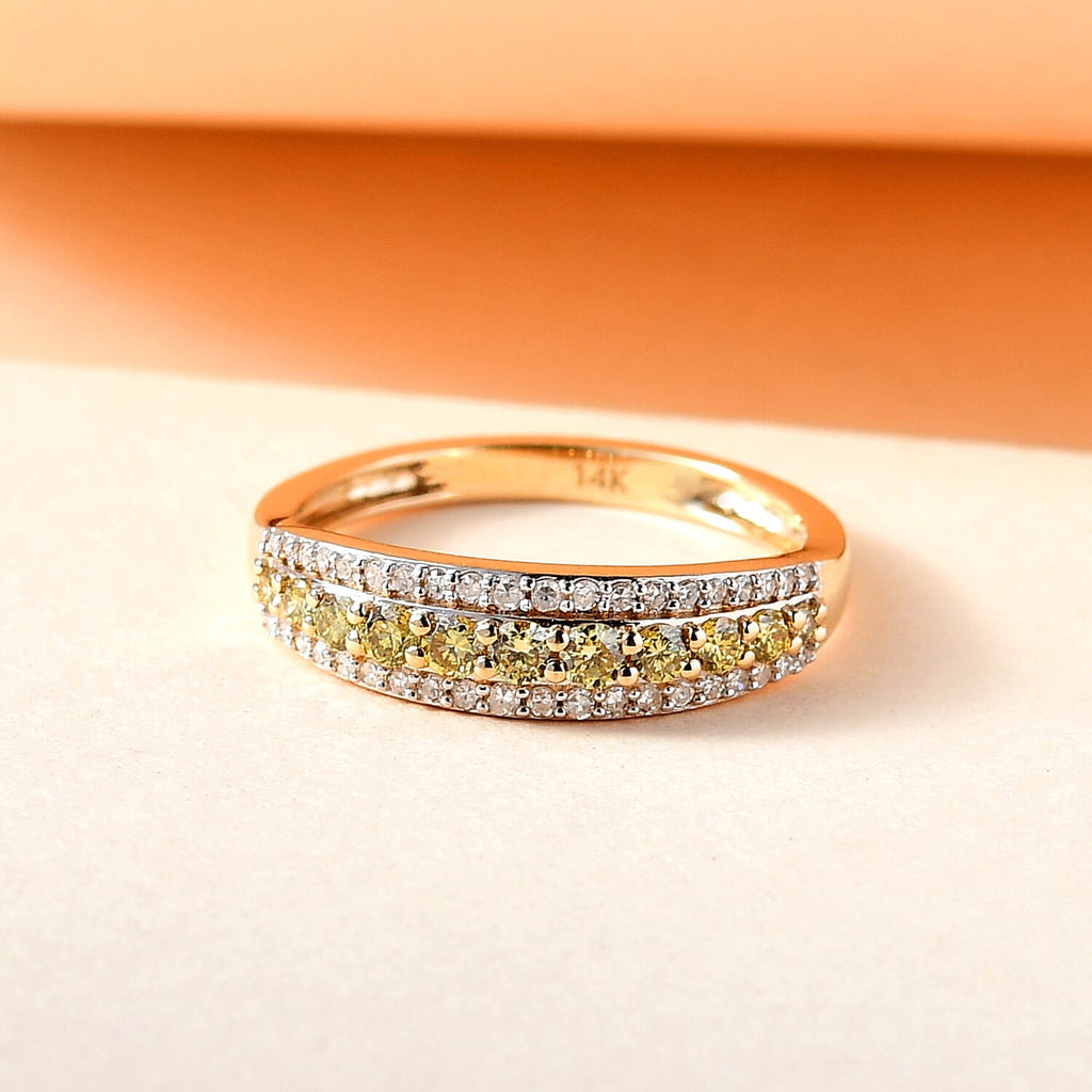 14K Yellow Gold SGL Certified Natural Green Diamond (I1-I2) and White Diamond (I1-I2-G-H) Band Ring 0.50 Ct