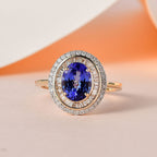 14K Yellow Gold Premium Tanzanite & Diamond Double Halo Ring 2.50 Ct