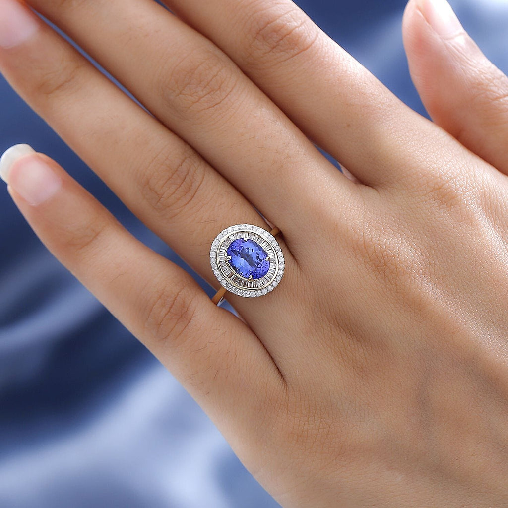 14K Yellow Gold Premium Tanzanite & Diamond Double Halo Ring 2.50 Ct