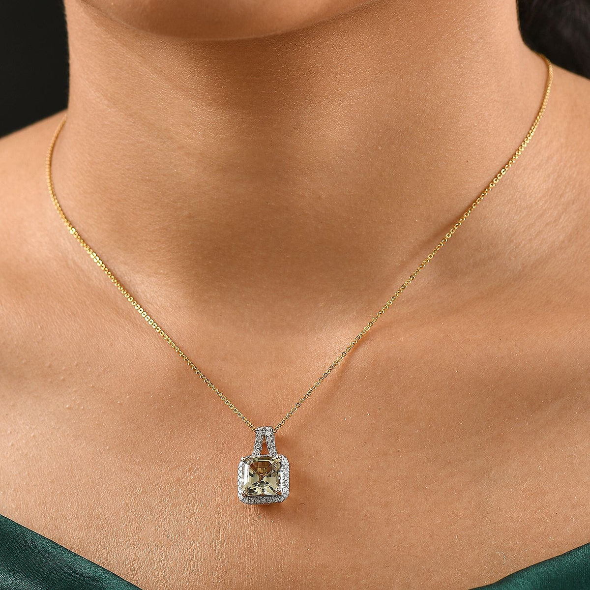 Certified &amp; Appraised LUXUROAAA Asscher Cut Turkizite, Diamond Halo Pendant Necklace in 14K Yellow Gold 20 Inches, 4.57 Ct. 4380496 3