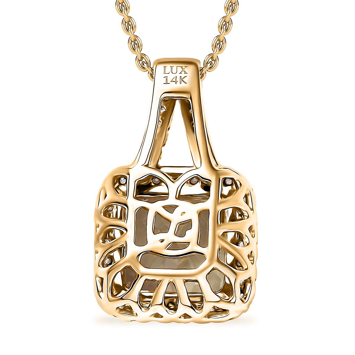 Certified &amp; Appraised LUXUROAAA Asscher Cut Turkizite, Diamond Halo Pendant Necklace in 14K Yellow Gold 20 Inches, 4.57 Ct. 4380496 5