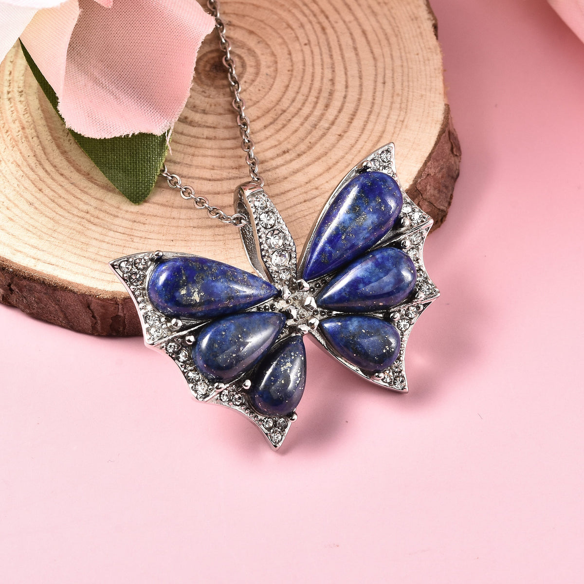 15.75 Ct. Lapis Lazuli and White Austrian Crystal Butterfly Pendant with Chain Size 20 in Stainless Steel 4037742 1