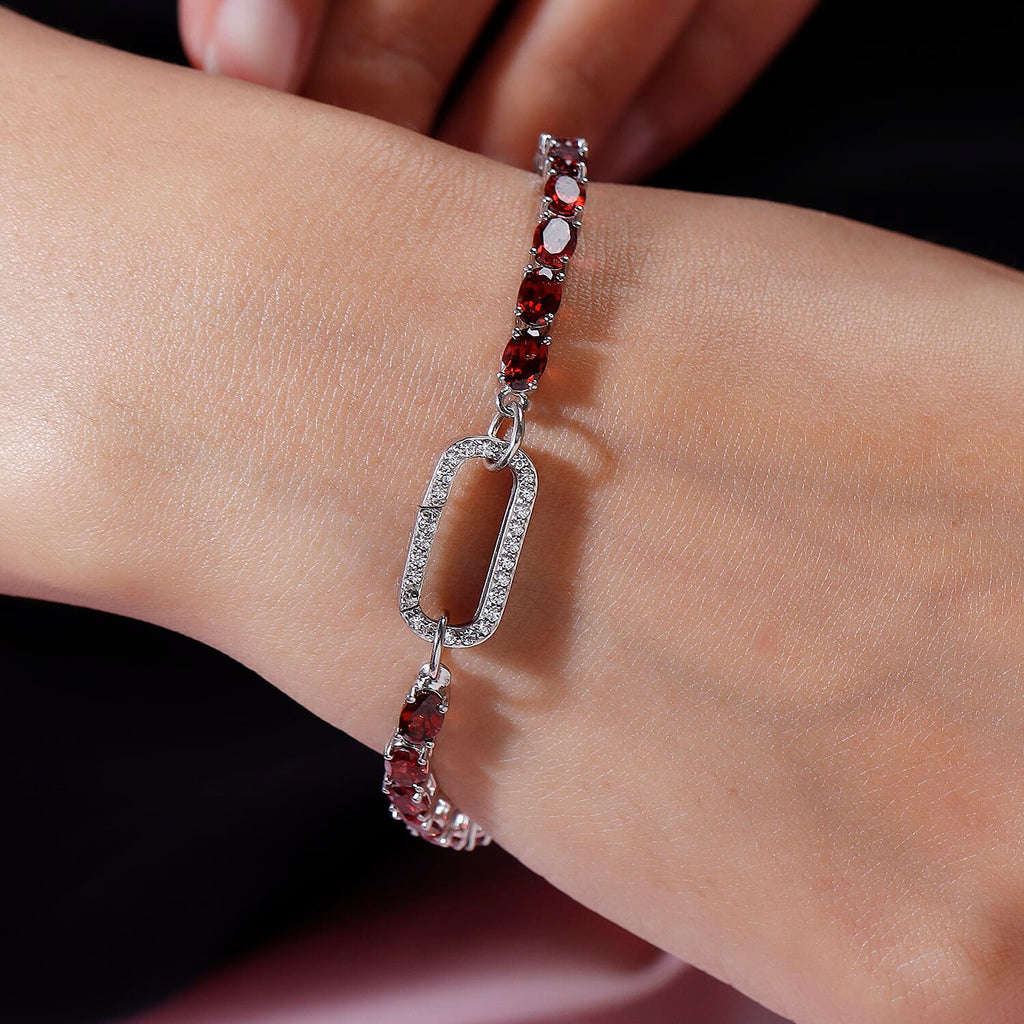 Mozambique Garnet and Simulated Diamond Bracelet (Size - 7.5) in Platinum Overlay Sterling Silver, Silver Wt. 8.50 Gms