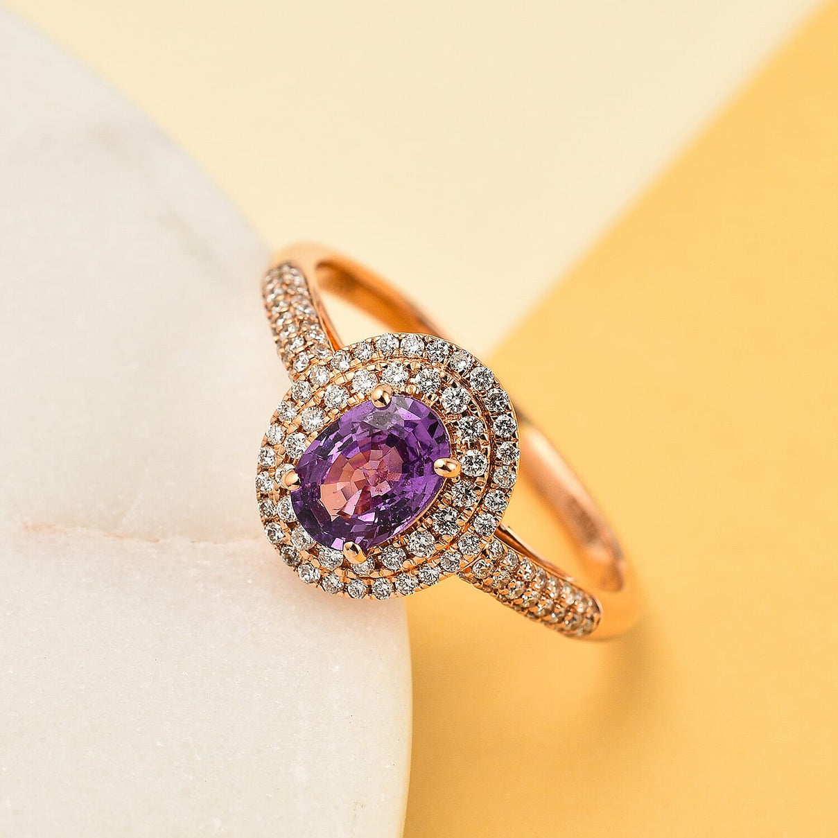 18K Rose Gold A Purple Sapphire, White Diamond SI Double Halo Ring, Gold Wt. 3.83 Gms  1.400  Ct. 7779220 1