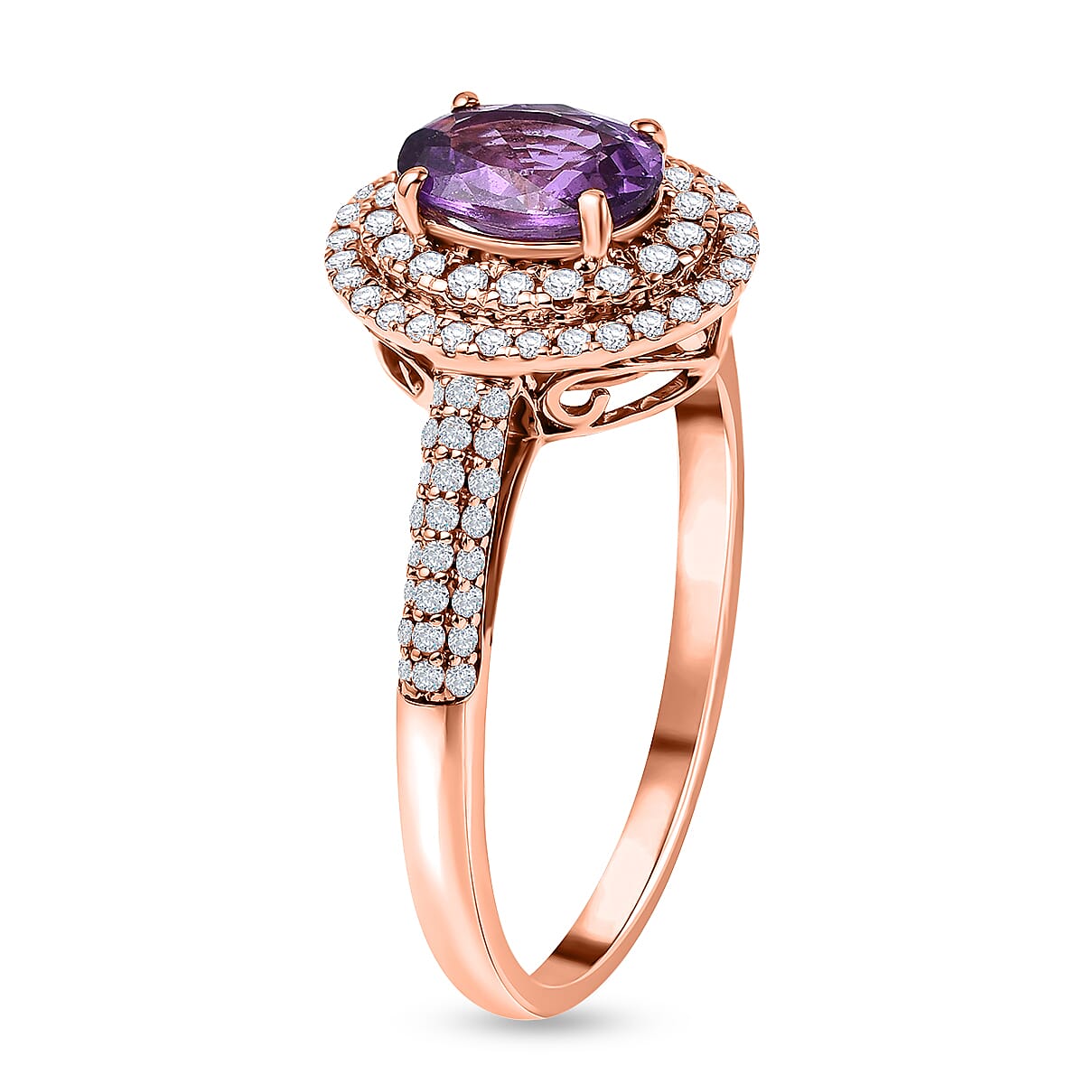 18K Rose Gold A Purple Sapphire, White Diamond SI Double Halo Ring, Gold Wt. 3.83 Gms  1.400  Ct. 7779220 3
