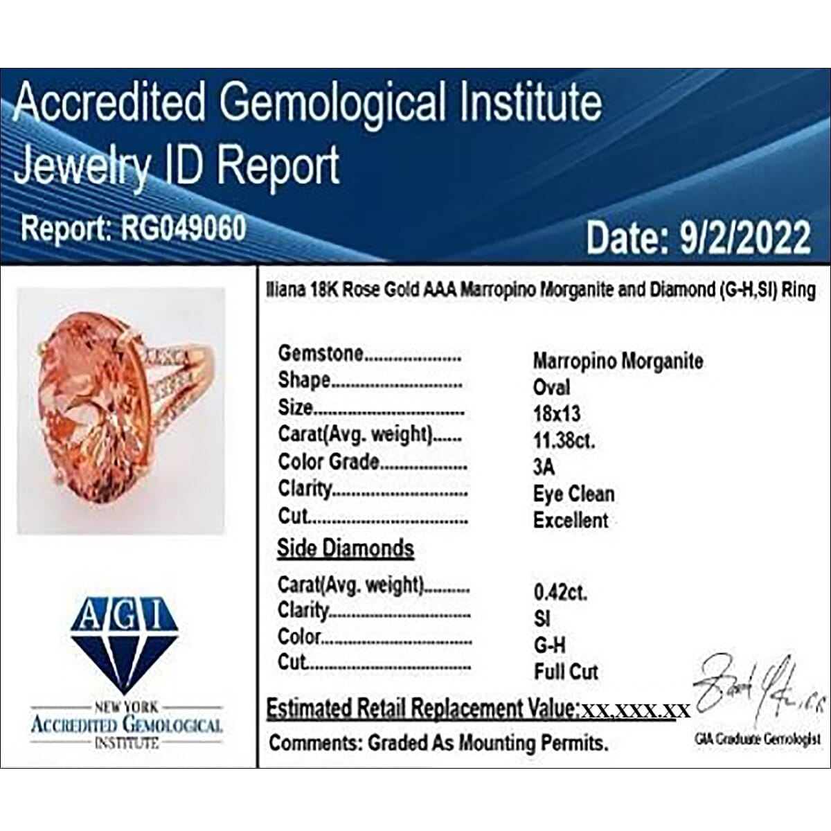 Iliana Appraised AAA Marropino Morganite and Diamond Solitaire Ring in 18K Rose Gold, AGI Certified 7200070 6