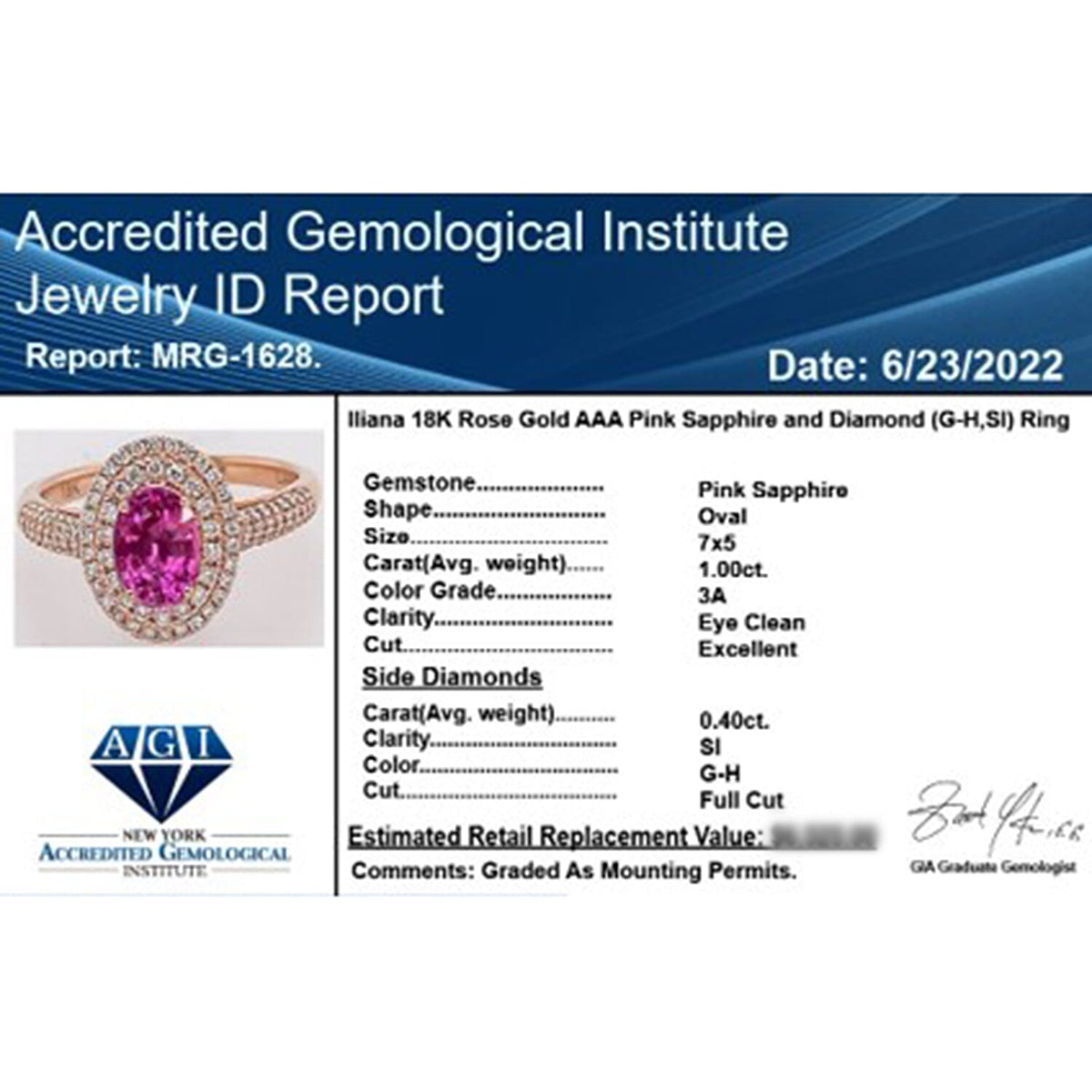 18K Rose Gold  AAA   Pink Sapphire ,  White Diamond  SI Solitaire Ring 1.40 ct,  Gold Wt. 3.58 Gms  1.400  Ct. 7079191 7