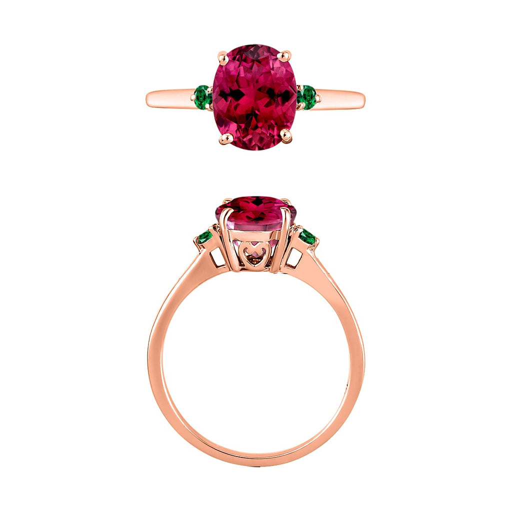 18K Rose Gold  AAA   Rubellite ,  Colombian Emerald  Main Stone With Side Stone Ring 2.50 ct,  Gold Wt. 5.5 Gms  2.500  Ct.