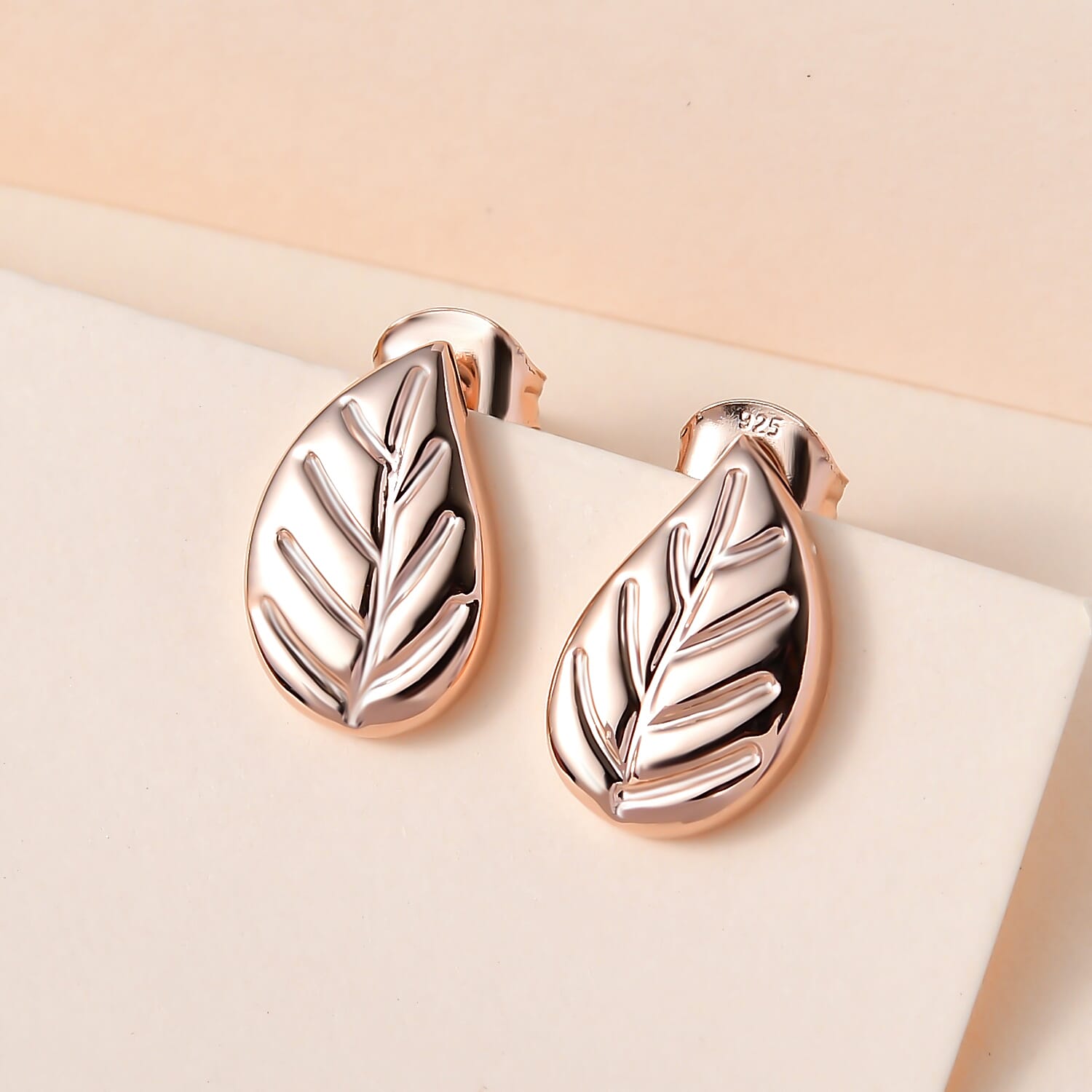18K Rose Gold Vermeil Plated Sterling Silver Leaf Stud Earrings (with Push Back) 7533045 1