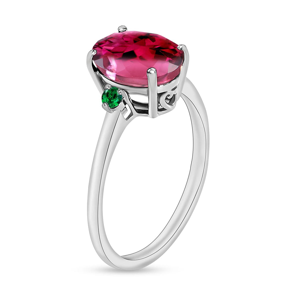 18K W Gold  AAA   Rubellite ,  Colombian Emerald  Main Stone With Side Stone Ring 2.50 ct,  Gold Wt. 5.5 Gms  2.500  Ct.