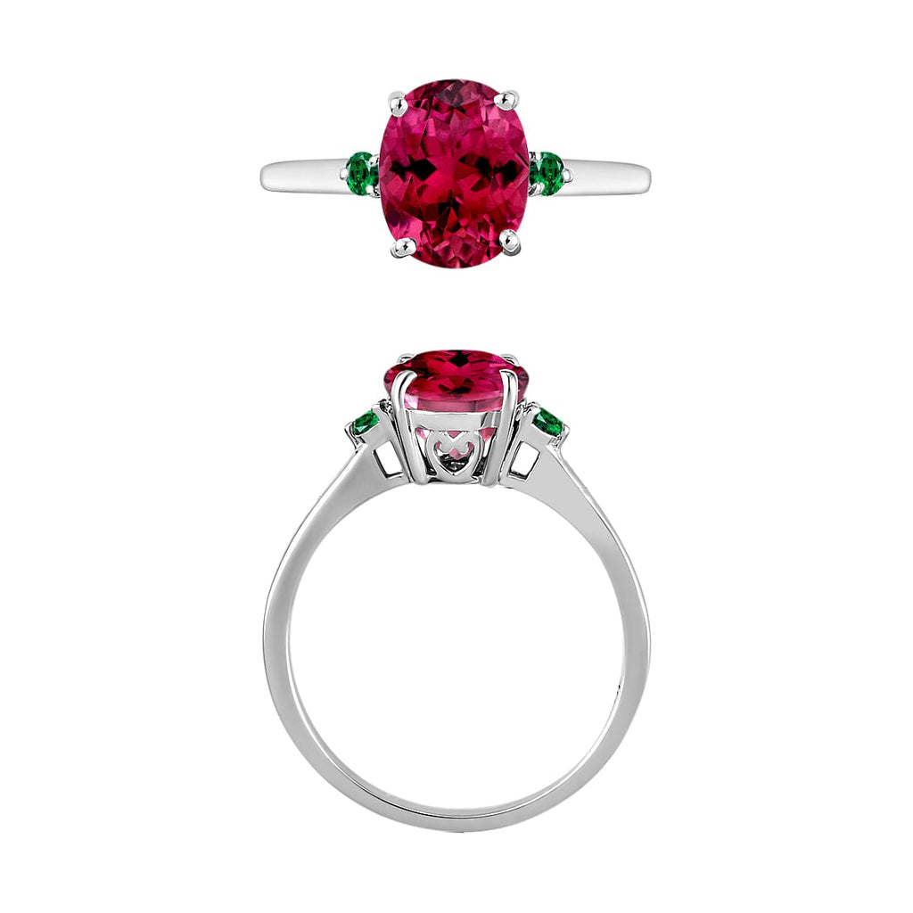 18K W Gold  AAA   Rubellite ,  Colombian Emerald  Main Stone With Side Stone Ring 2.50 ct,  Gold Wt. 5.5 Gms  2.500  Ct.