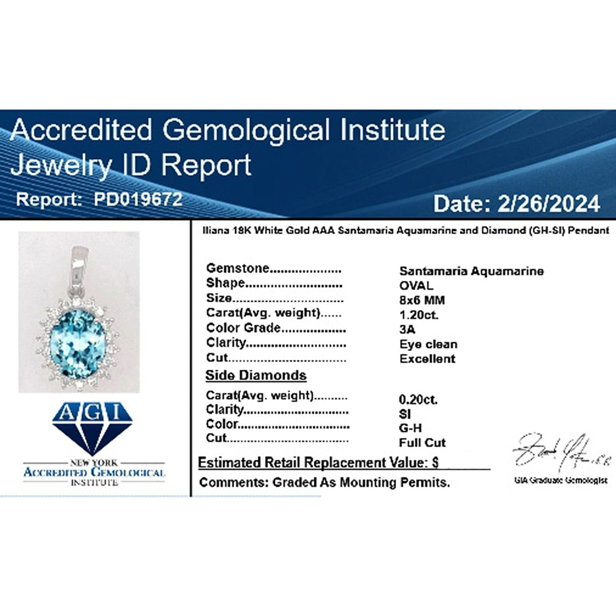 Appraised and Certified 1.4 Ct. Santamaria Aquamarine, Diamond Halo Pendant in 18K White Gold 7737160 5