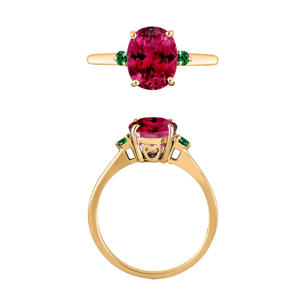 18K Yellow Gold  AAA   Rubellite ,  Colombian Emerald  Main Stone With Side Stone Ring 2.50 ct,  Gold Wt. 5.5 Gms  2.500  Ct.