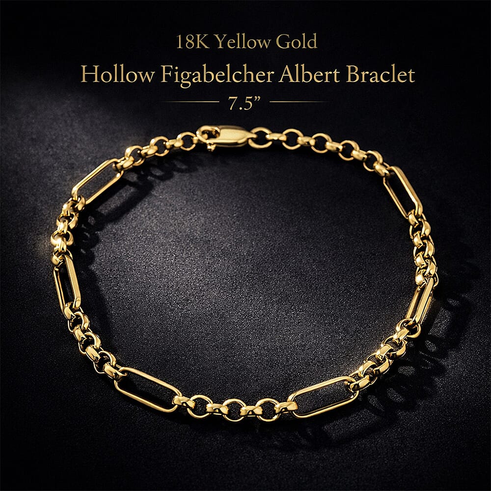 18K Yellow Gold Hollow Figabelcher Albert Bracelet 7.5 Inch