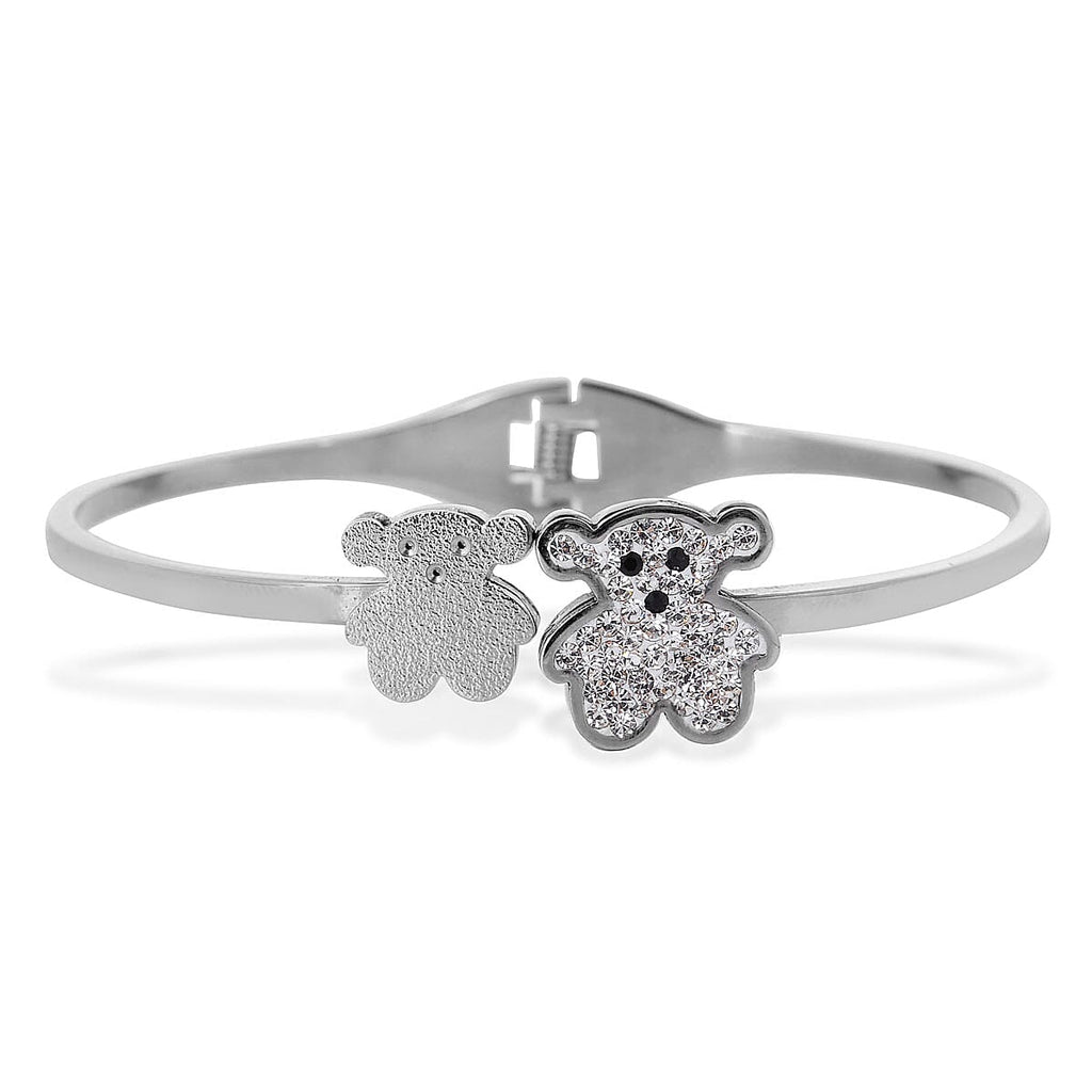 Close Out Deal Black and White Austrian Crystal Enamelled Teddy Bear Bangle (Size - 7.5) in Silver Tone