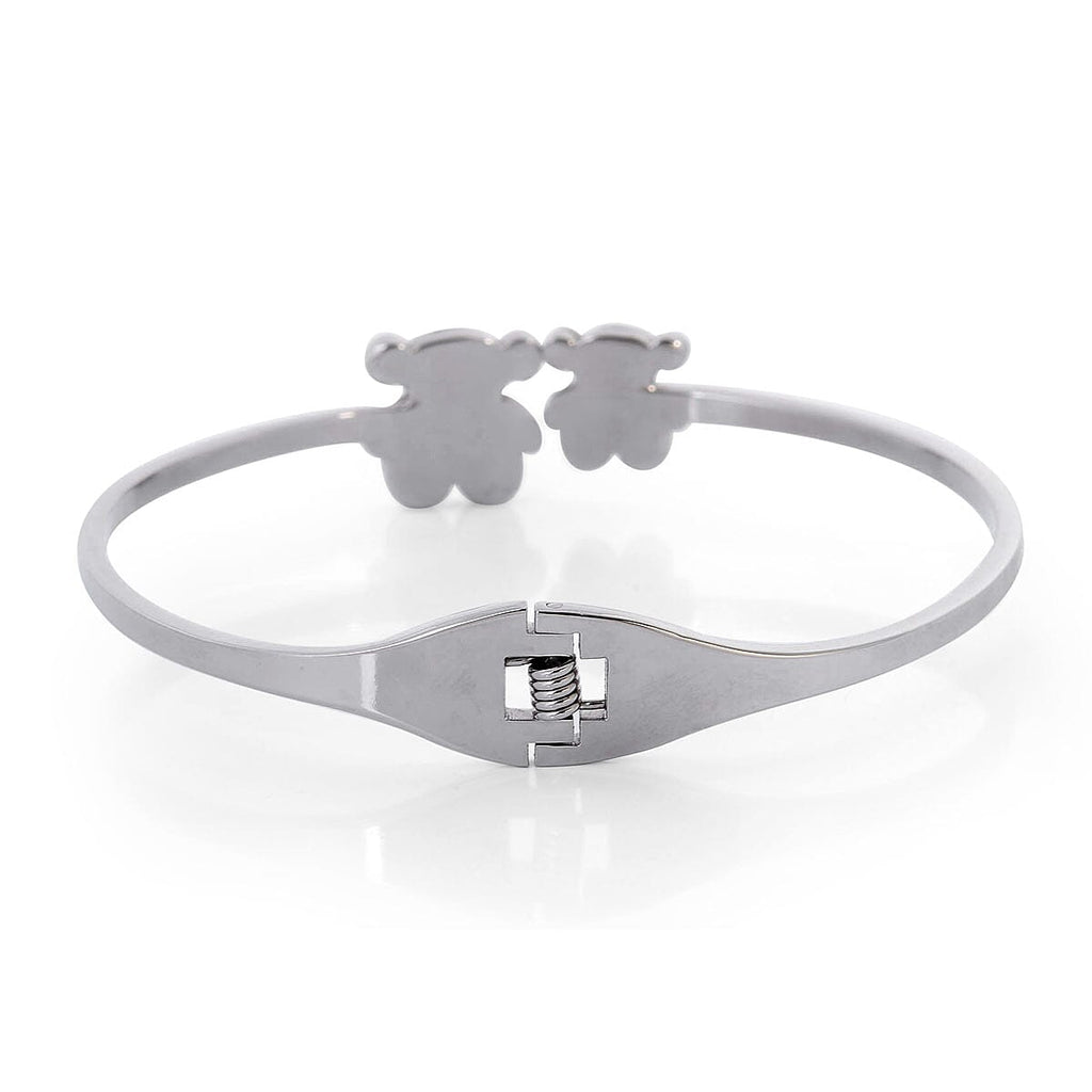 Close Out Deal Black and White Austrian Crystal Enamelled Teddy Bear Bangle (Size - 7.5) in Silver Tone