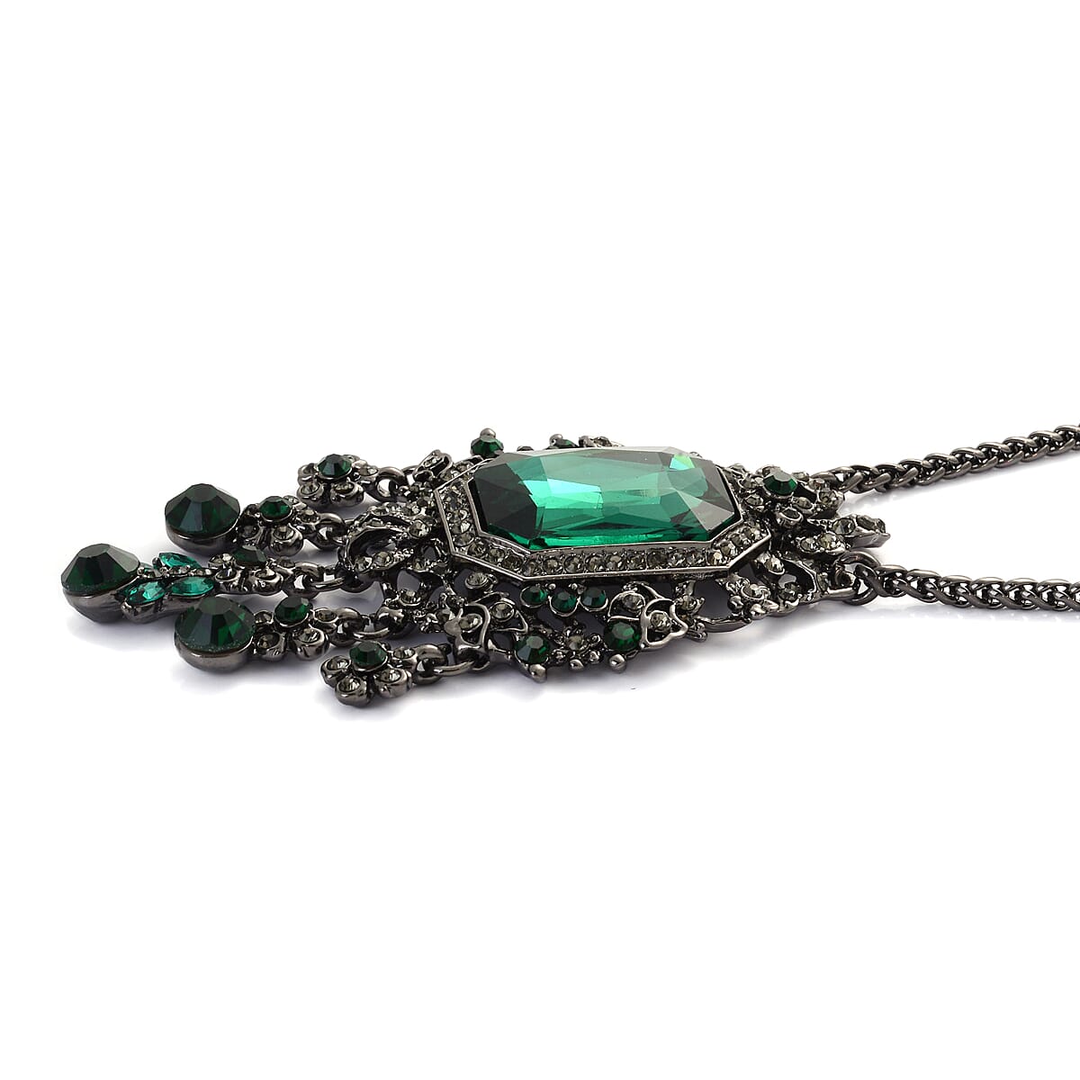 Black &amp; Green Crystal Necklace (Size - 24-2) in Black Tone 1947769 2