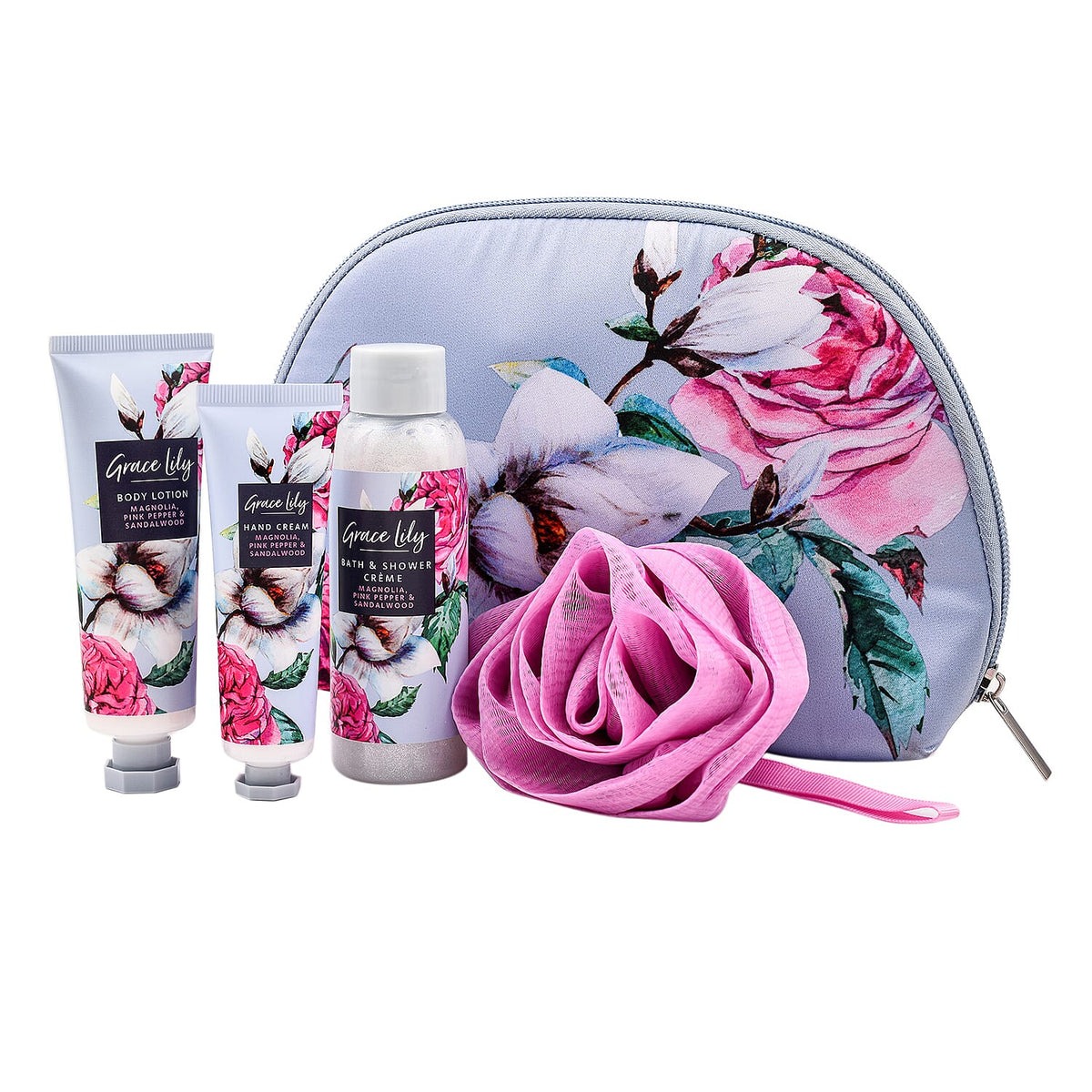 Grace Lily: Magnolia, Pink Pepper, and Sandalwood Getaway Bag (Shower cream 100ml, Hand lotion 30ml, and Body lotion 50ml and Shower Puff) 7372939 0