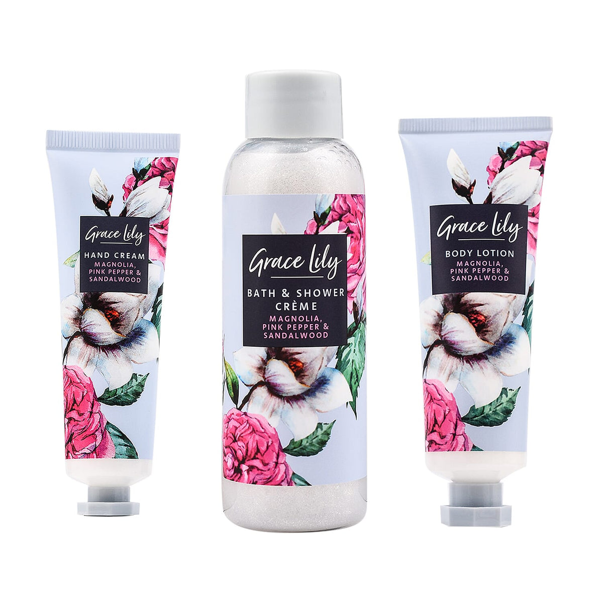 Grace Lily: Magnolia, Pink Pepper, and Sandalwood Getaway Bag (Shower cream 100ml, Hand lotion 30ml, and Body lotion 50ml and Shower Puff) 7372939 1