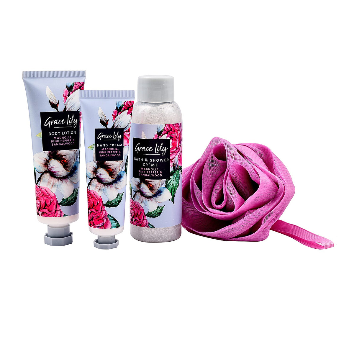 Grace Lily: Magnolia, Pink Pepper, and Sandalwood Getaway Bag (Shower cream 100ml, Hand lotion 30ml, and Body lotion 50ml and Shower Puff) 7372939 2