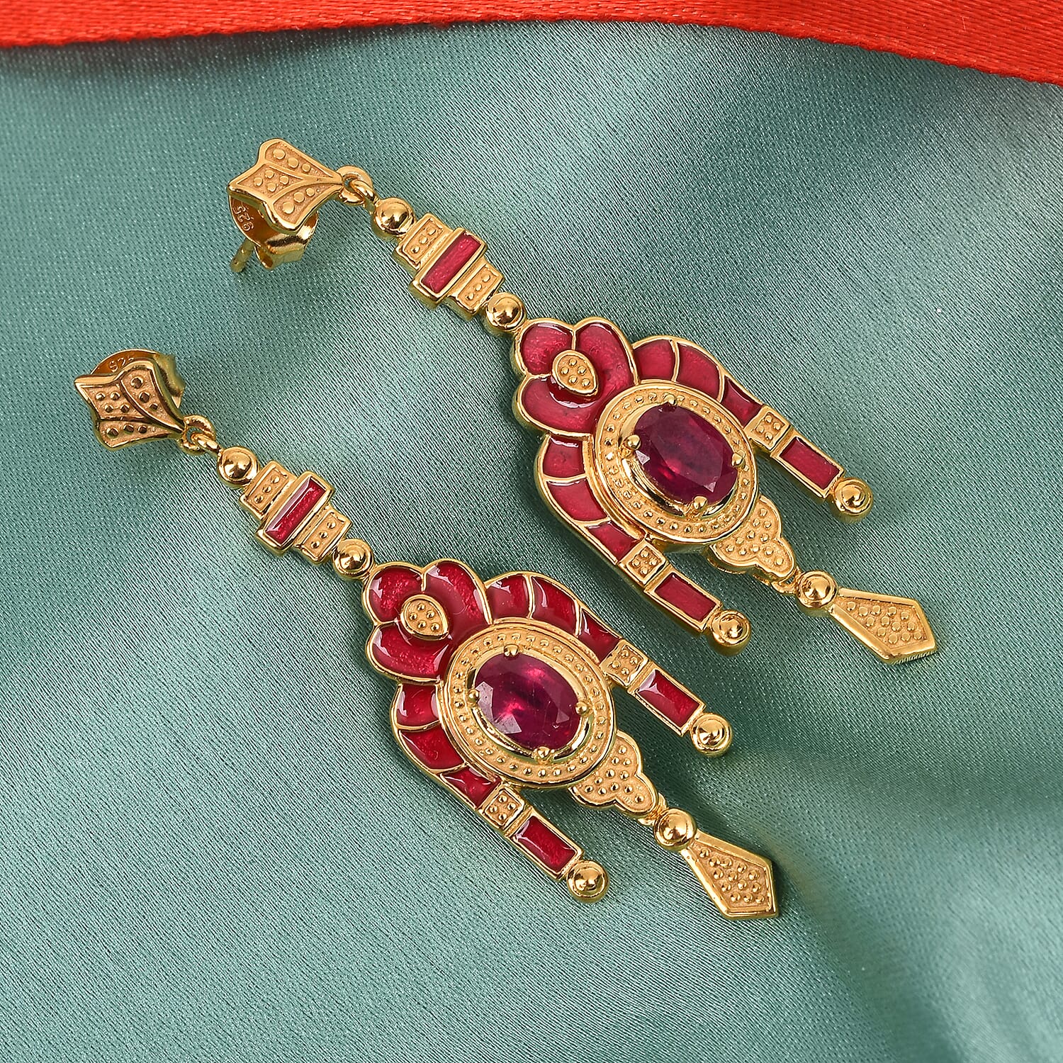 2 Ct. African Ruby Enamelled Dangle Earrings in 14K Gold Plated Sterling Silver 3726951 2