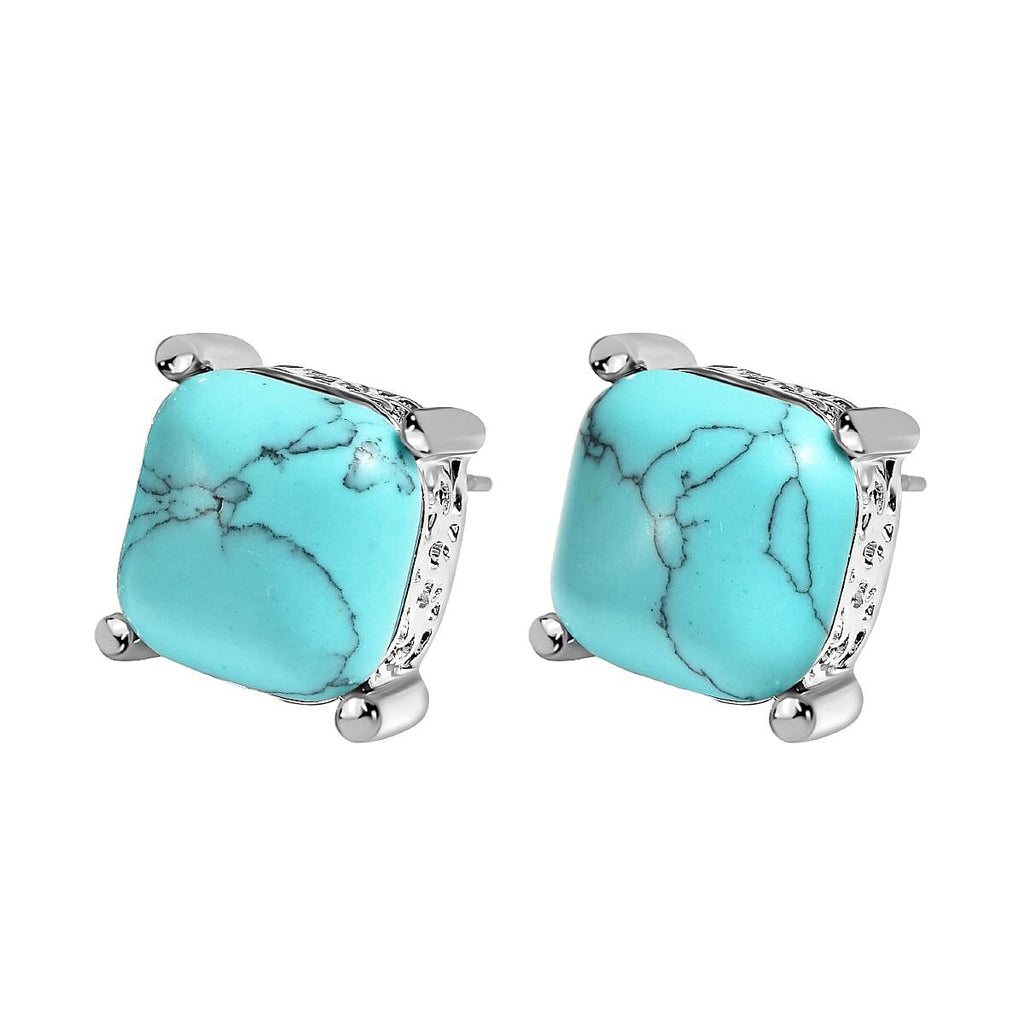 Blue Howlite Stud Earrings in Silver Tone
