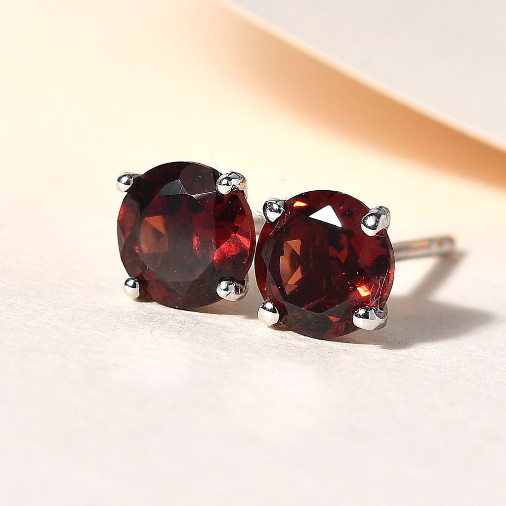 Mozambique Garnet Solitaire Stud Earrings with Push Back in Platinum Overlay Sterling Silver 2.00 Ct.