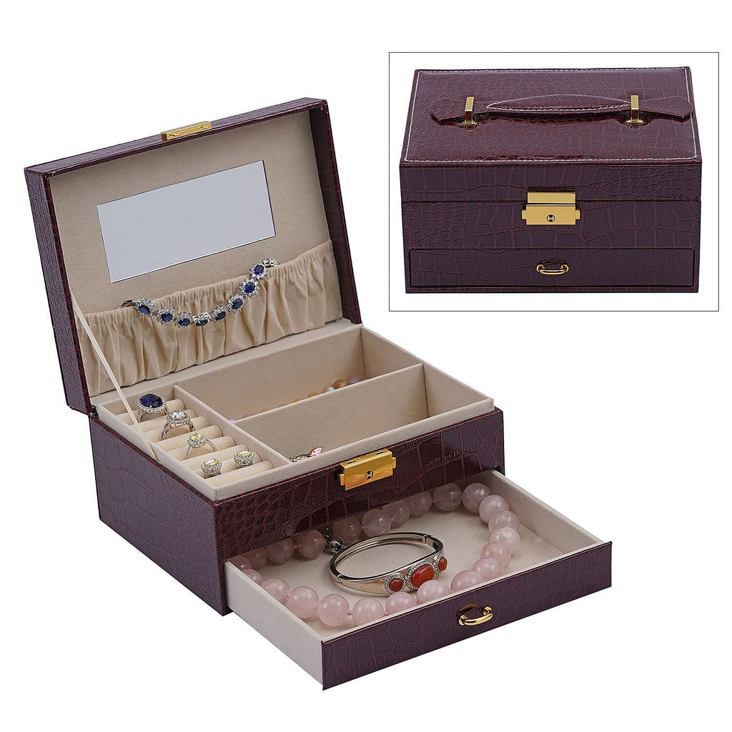 Double Layer Croc Embossed Jewellery Box with Lock (Size 20x15x10 Cm) - Burgundy