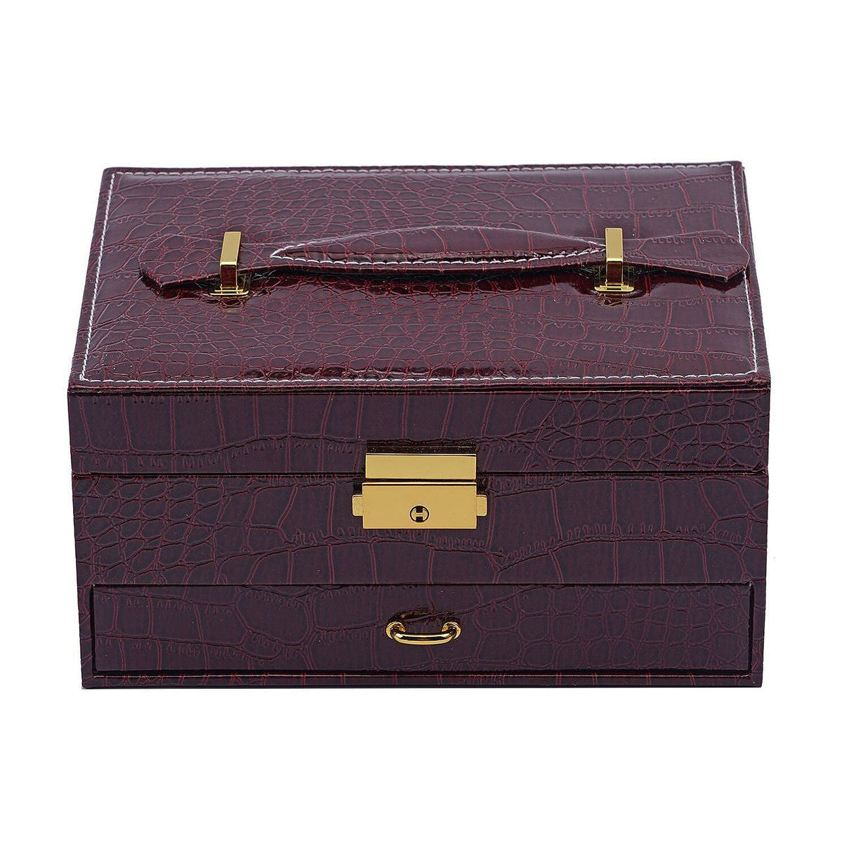 Double Layer Croc Embossed Jewellery Box with Lock (Size 20x15x10 Cm) - Burgundy 7171952 1