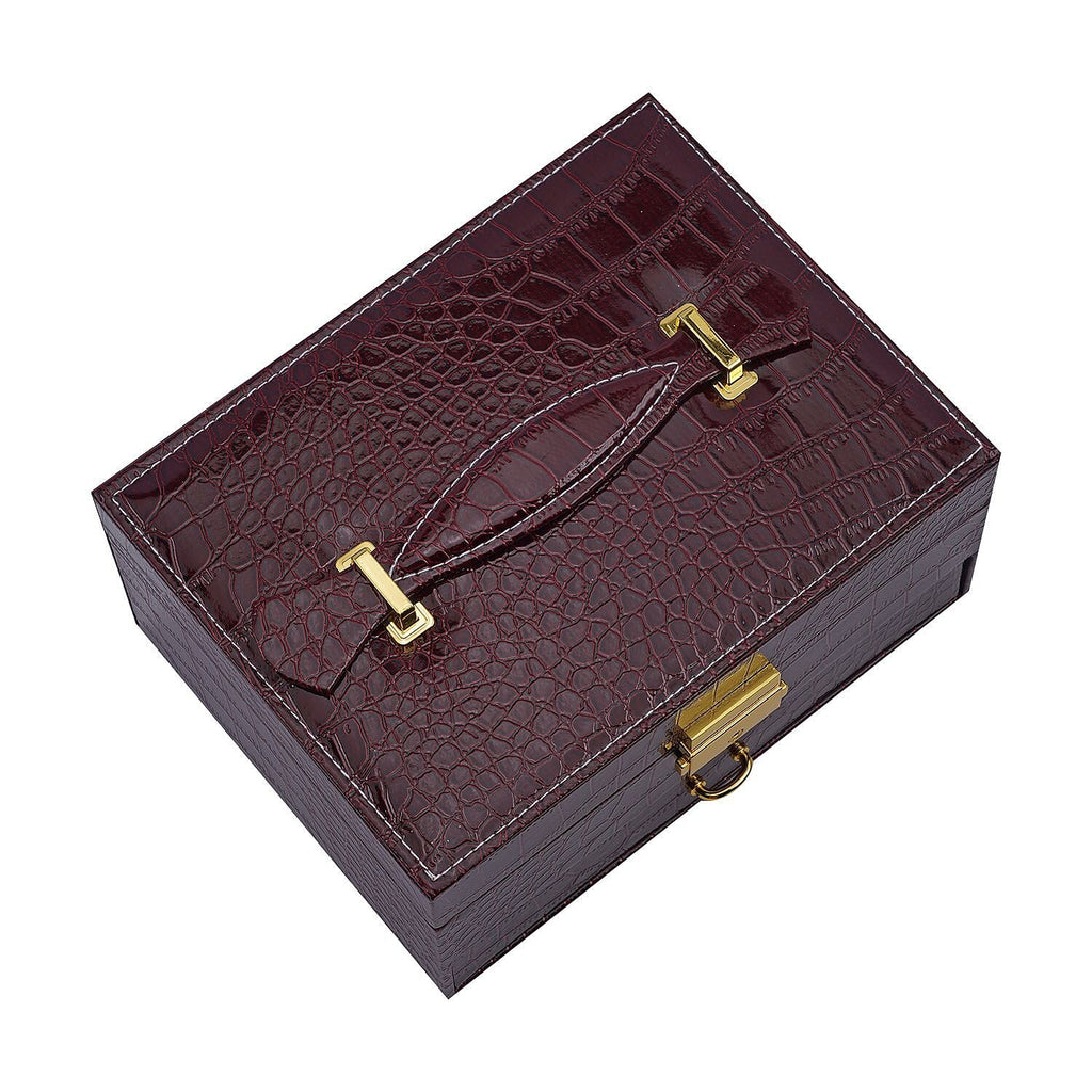 Double Layer Croc Embossed Jewellery Box with Lock (Size 20x15x10 Cm) - Burgundy