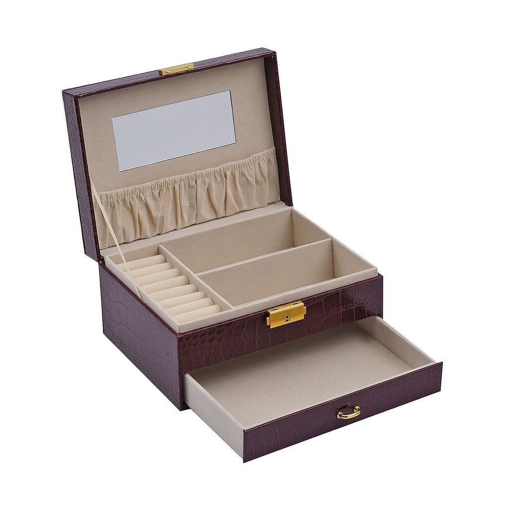 Double Layer Croc Embossed Jewellery Box with Lock (Size 20x15x10 Cm) - Burgundy