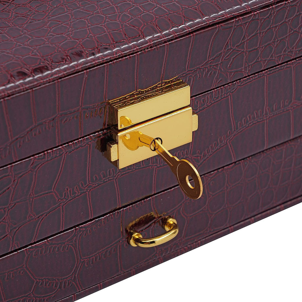 Double Layer Croc Embossed Jewellery Box with Lock (Size 20x15x10 Cm) - Burgundy