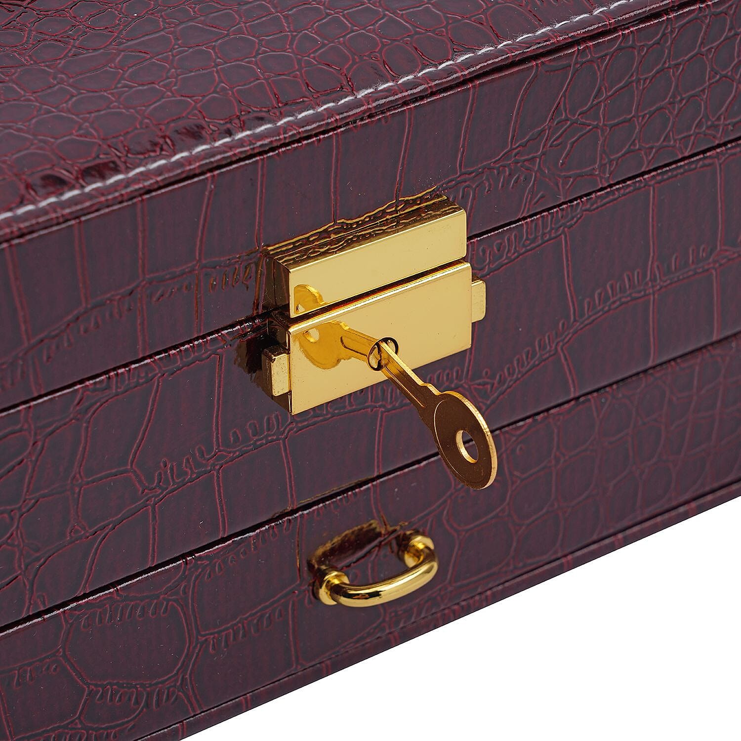 Double Layer Croc Embossed Jewellery Box with Lock (Size 20x15x10 Cm) - Burgundy 7171952 5