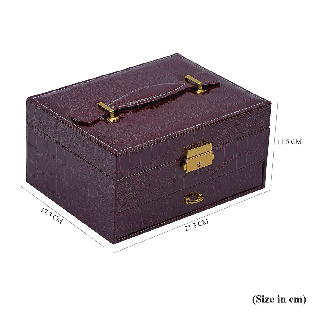 Double Layer Croc Embossed Jewellery Box with Lock (Size 20x15x10 Cm) - Burgundy