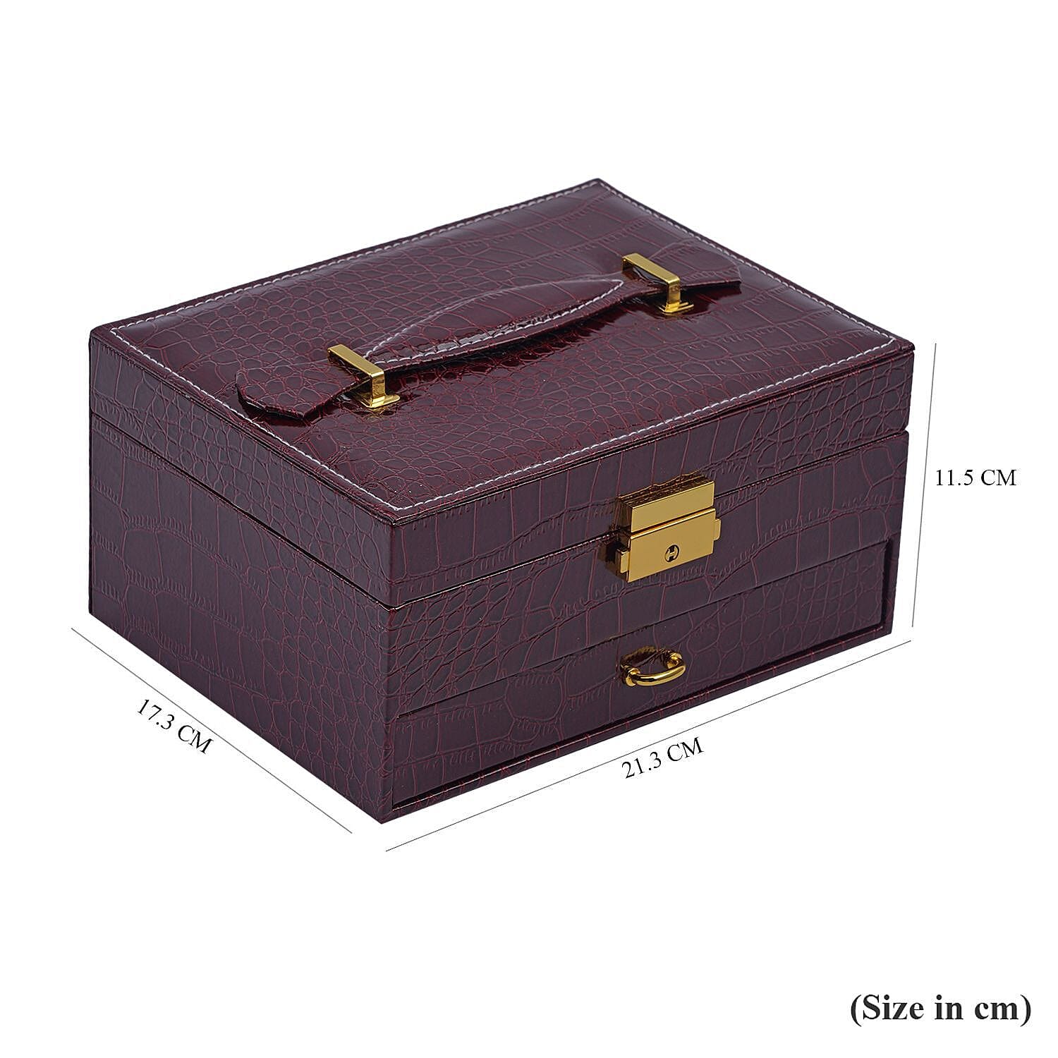 Double Layer Croc Embossed Jewellery Box with Lock (Size 20x15x10 Cm) - Burgundy 7171952 6