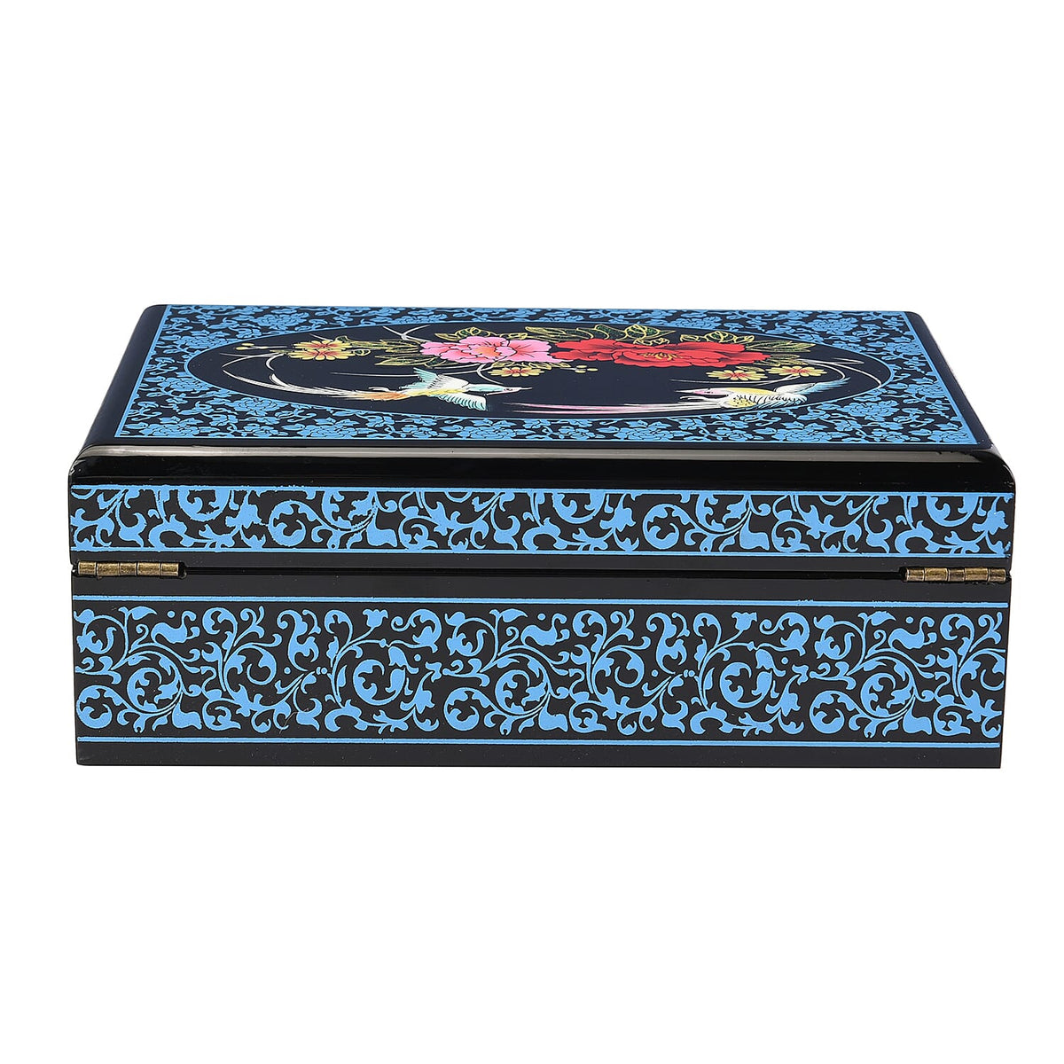 2 Layer Floral Pattern Jewellery Box with Inside Mirror and Removable Tray Portable Jewellery Organiser for Necklace, Earrings, Bracelets, Rings and Accessories - Blue and Black 6239635 3